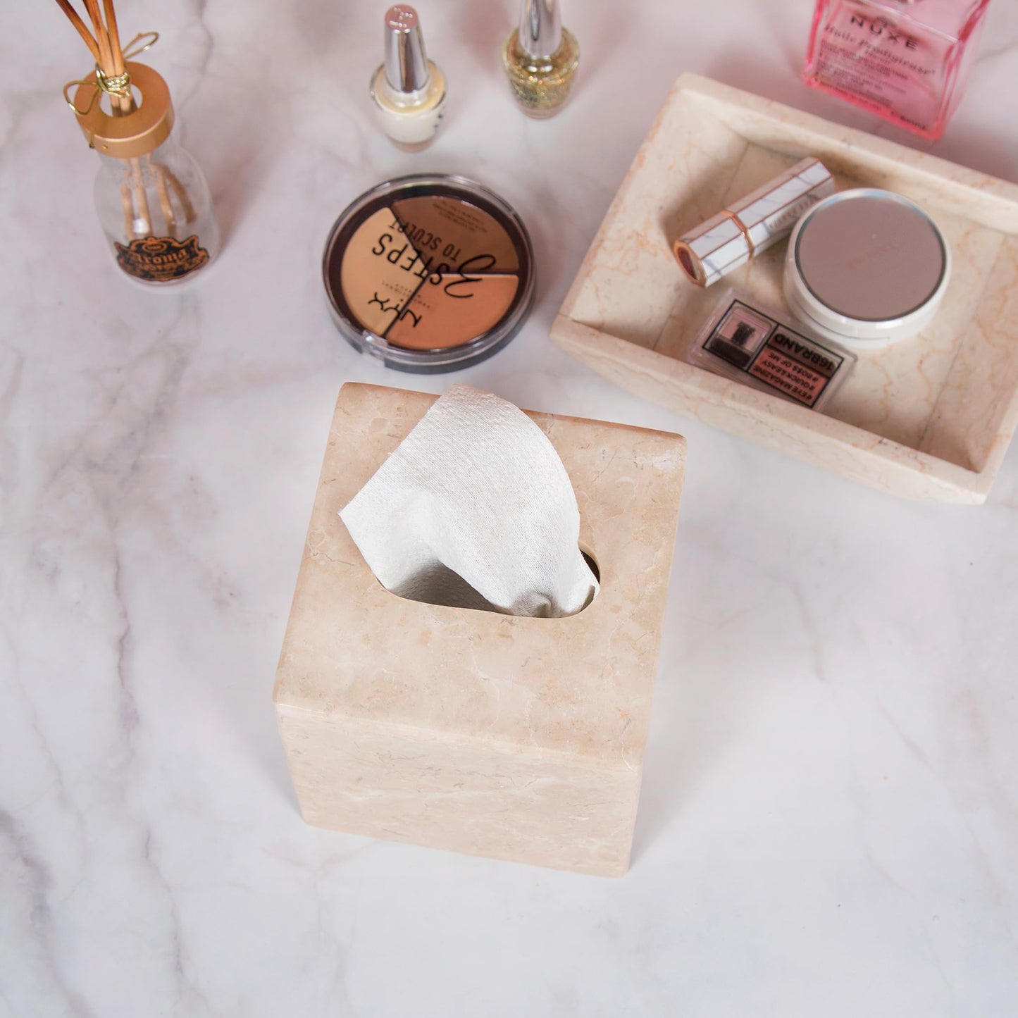 Creative Home Natural Marble Tissue Box Cover, Square Beige Tissue Holder