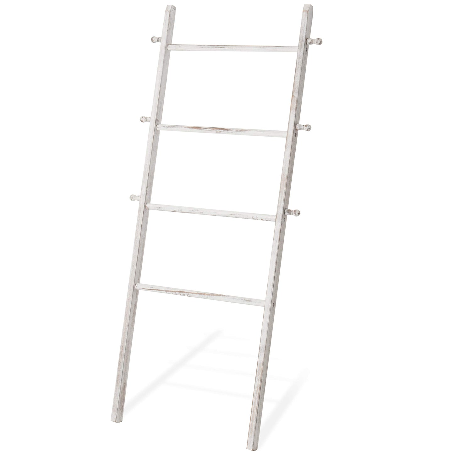 MyGift 63 Inch Wooden Blanket Ladder, White Quilt Towel Holder Rack, Wall Leaning 4 Rungs and 6 Pegged Hooks Farmhouse Decorative Furniture