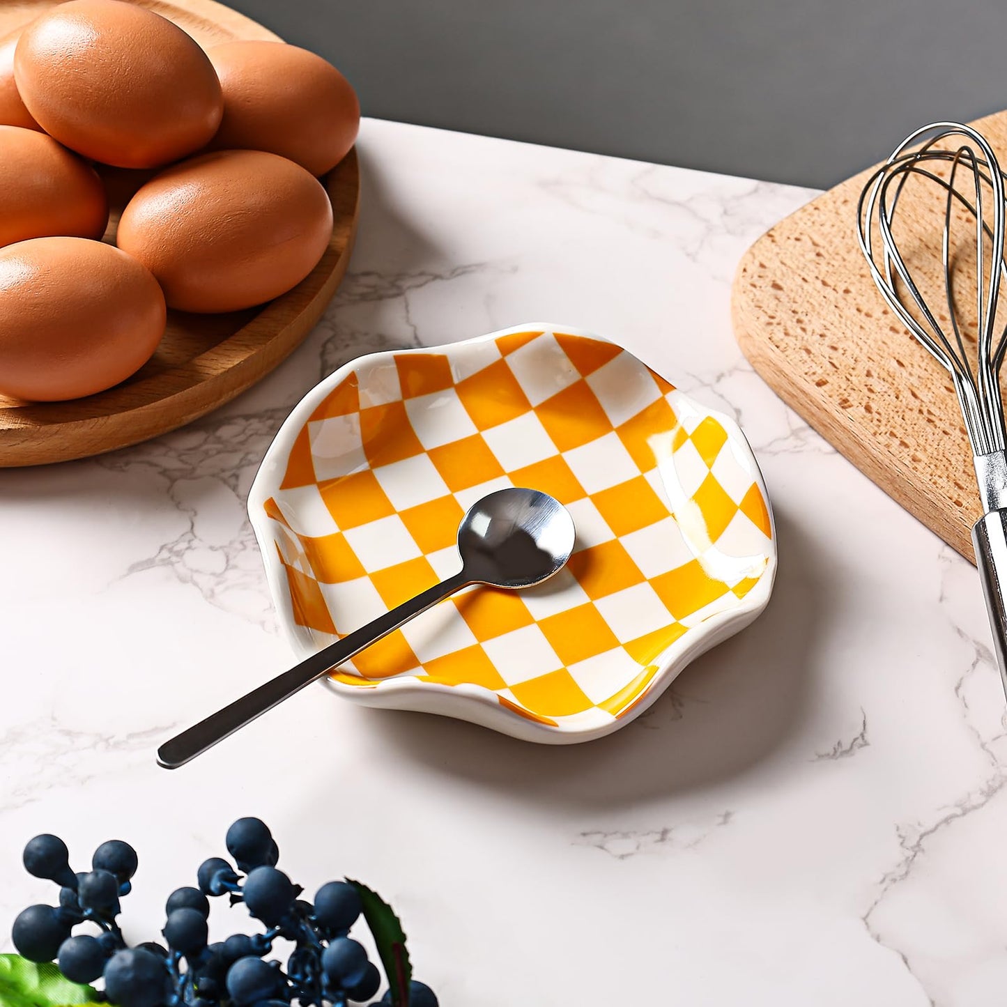 Koythin Ceramic Spoon Rest for Stove Top, Kitchen Counter, Heat-Resistant Utensil Holder, Cute Decorative Checkerboard Spoon Rest Dish for Cooking, Coffee Bar, and Countertop Decor (Orange)