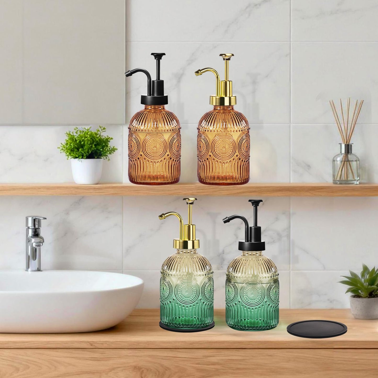 Amolliar 12 Oz Vintage Glass Bathroom Soap Dispensers with Pump, Refillable Kitchen Dish Soap Dispenser with Stripe, Antique Rustic Hand Soap Liquid Bottle (Brown-Black Pump)