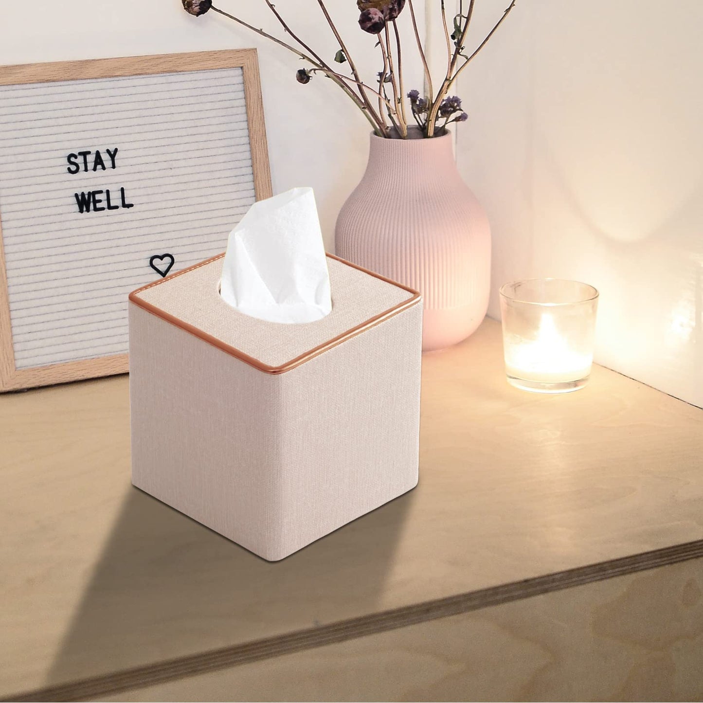 RHCSZ Linen Square Tissue Box Cover,Cube Tissue Box Holder-Excellent Rosegold Leather Decoration,Table Napkin Case Dispenser,Facial Tissues Organizer with Magnetic Bottom for Home Office Car(Beige)