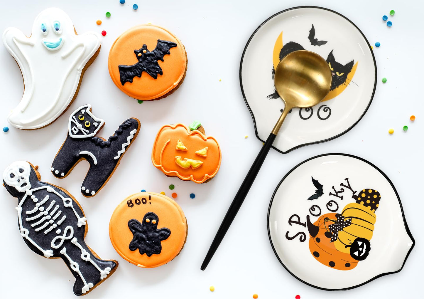 Whaline 2Pcs 4.7inch Black Cat Ceramic Spoon Rest Spooky Pumpkin Small Coffee Spoon Holder for Halloween Coffee Stirrers Teaspoon Bar Spoon Coffee Station Bar Accessories