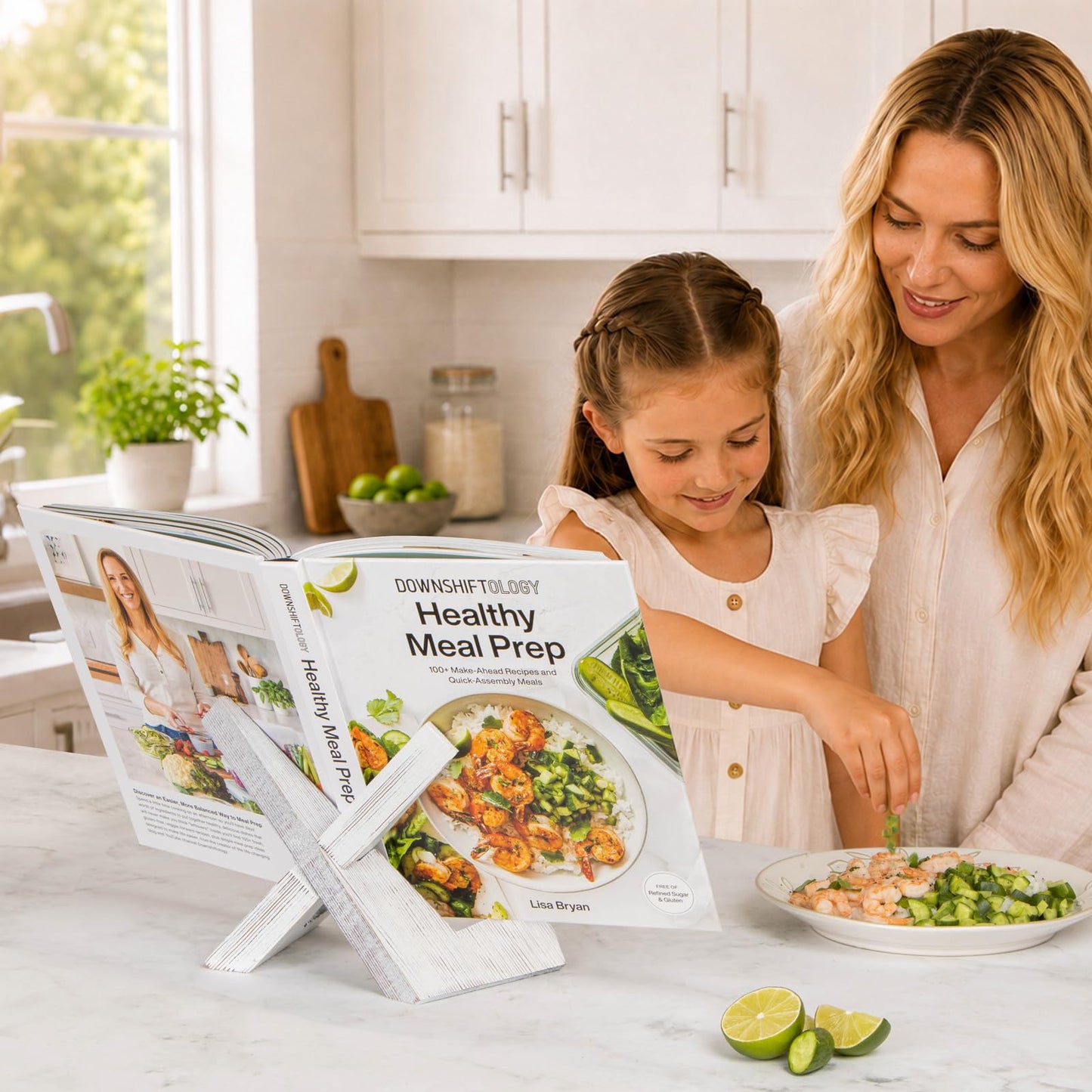 PUERSI Cookbook Stand for Kitchen, Recipe Book Holder for Kitchen Counter, Wooden Cookbook Holder, Rustic Cook Book Holder Stand - Farmhouse White - 1 Set