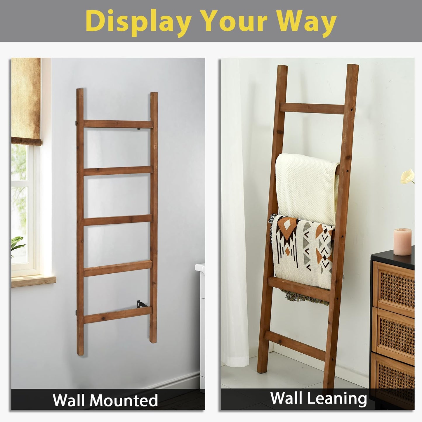 FUIN Wall Mounted 57in Wooden Blanket Ladder Living Room Decorative Farmhouse Quilt Display Holder Rustic Wood Towel Rack for Bathroom, Brown