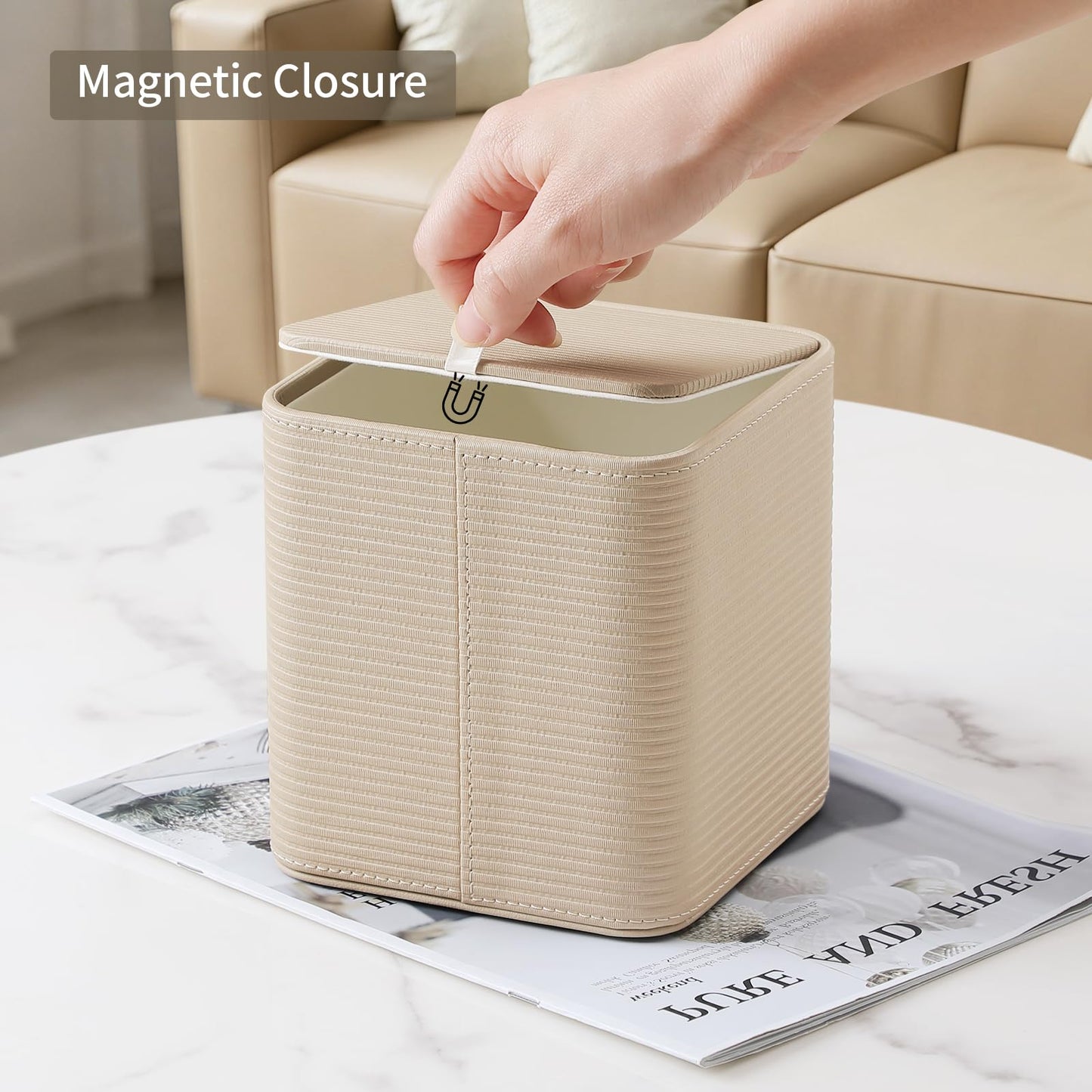 Tissue Box Cover Square with Magnetic Closure, PU Leather Tissue Box Holder for Bathroom NightStands Livingroom, Decorative Modern Square Tissue Holder (Beige Thin Stripes)