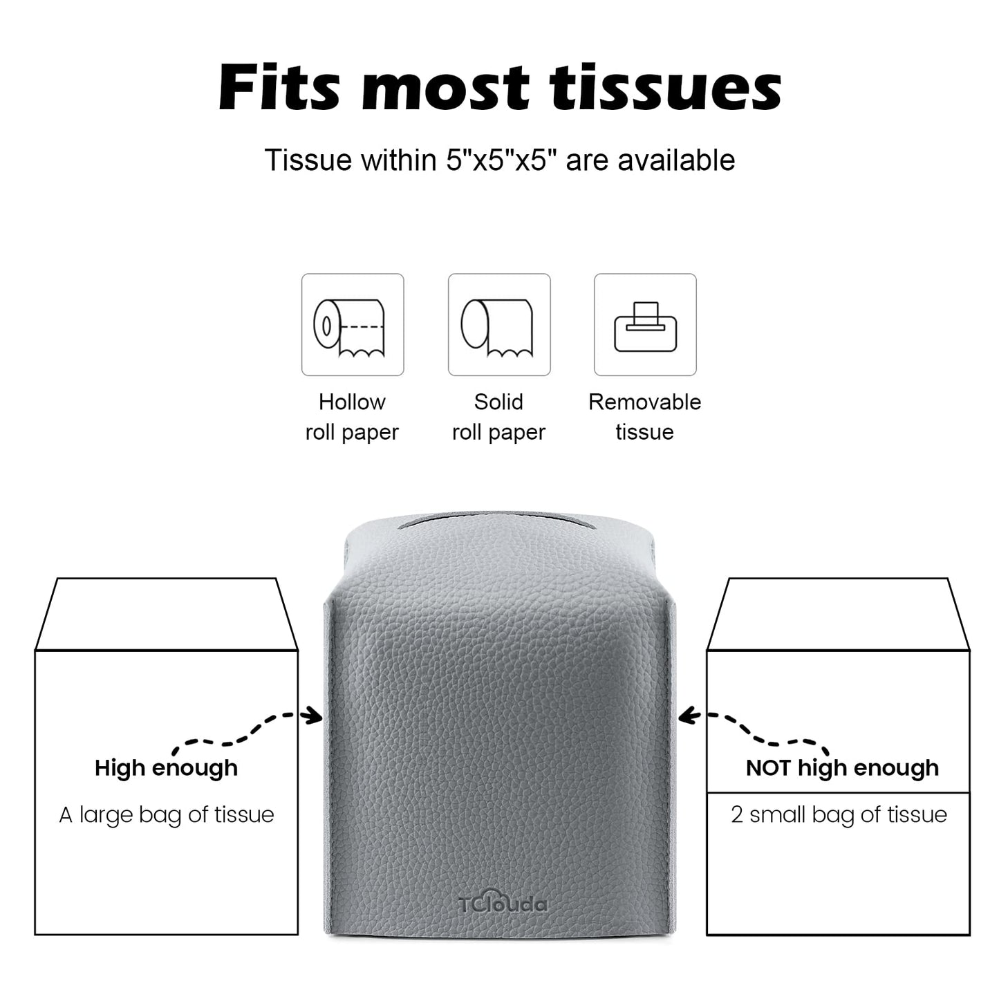Tissue Box Cover, Tclouda, Modern PU Leather Square Tissue Box Holder for Creative Decorative, 2 Pack, Ideal for Bathrooms/Office/Car/Nightstand/Outdoor Tent/Dining Table, 5"X5"X5", Double Gray