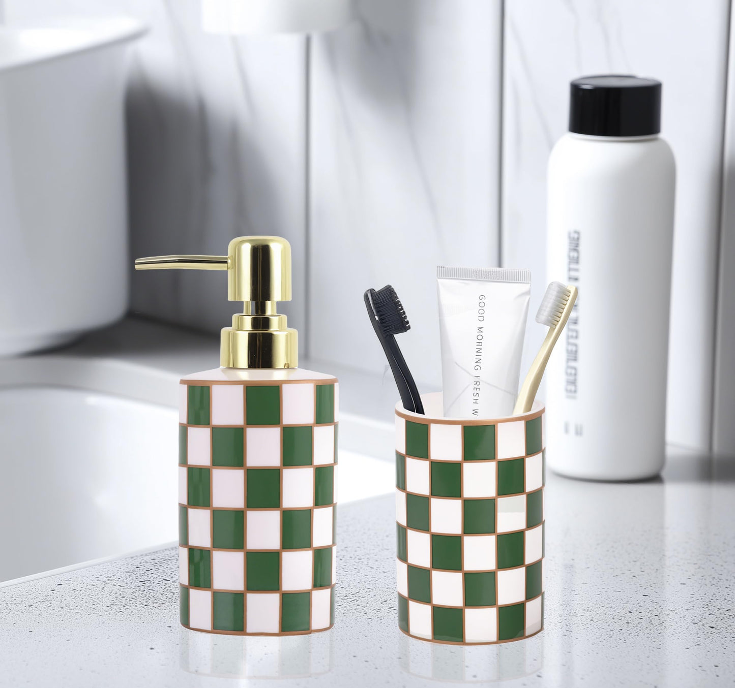 Checkered Bathroom Soap Dispenser,Gold Pump Ceramic Soap Dispenser,Kitchen Checkerboard Empty Pump Bottle,Bath Countertop Storage Organizer,Checkered Bathroom Decor (Green)