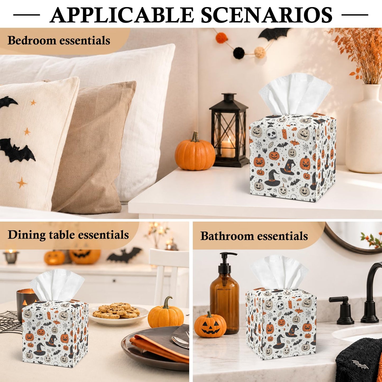 Halloween Spooky Tissue Box Covers Square, Leather Tissue Box Cover Decorative for Home Office Bathroom, Pumpkin Skull Square Facial Paper Organizer Halloween Home Decor - 043