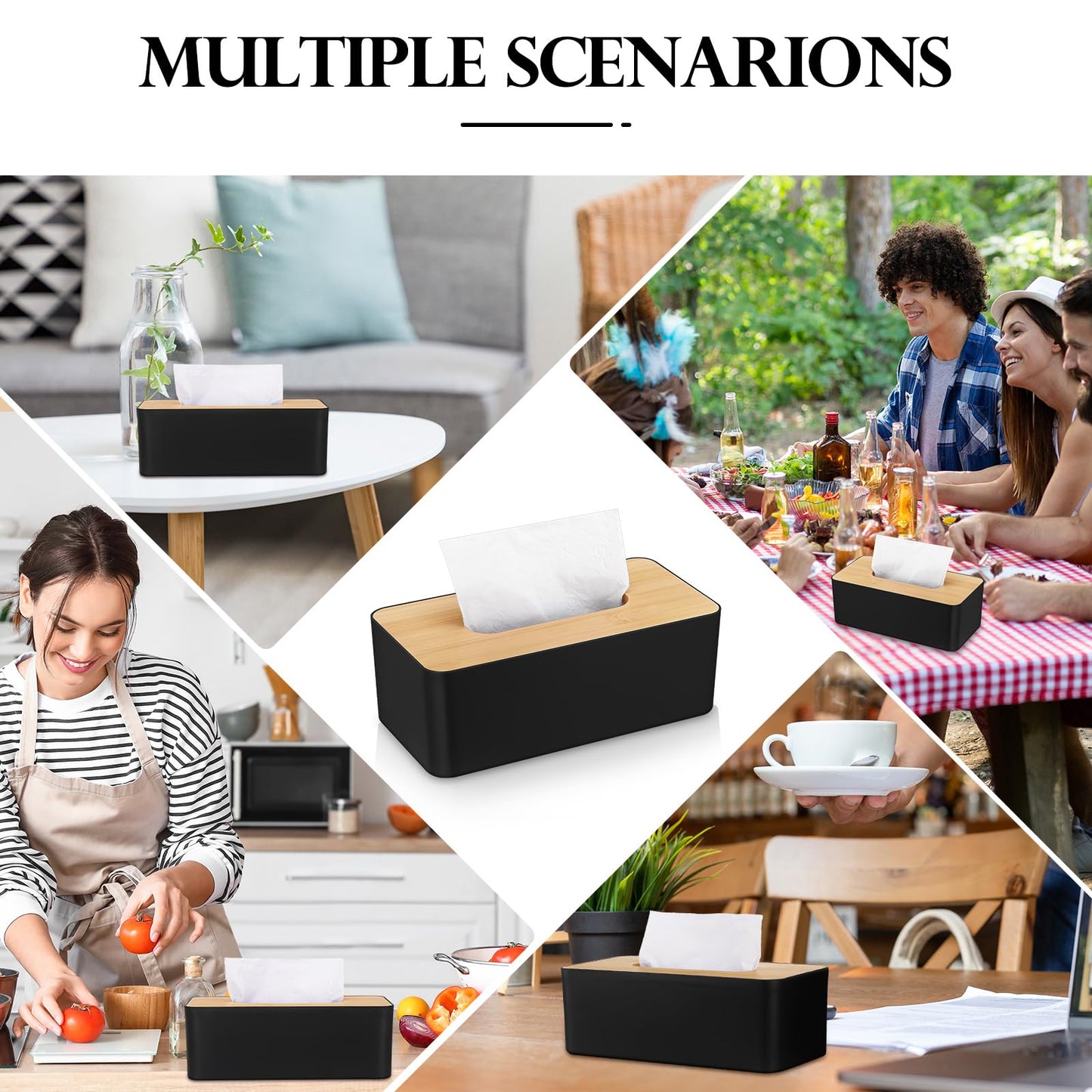 Teenyyou 2 Pcs Tissue Box Cover Square Plastic Tissue Holders 5x9 Inch Holder Wood Cover Plate for Bathrooms, Kitchen, Office, Home, Bedroom Dresser, Countertop(Black)
