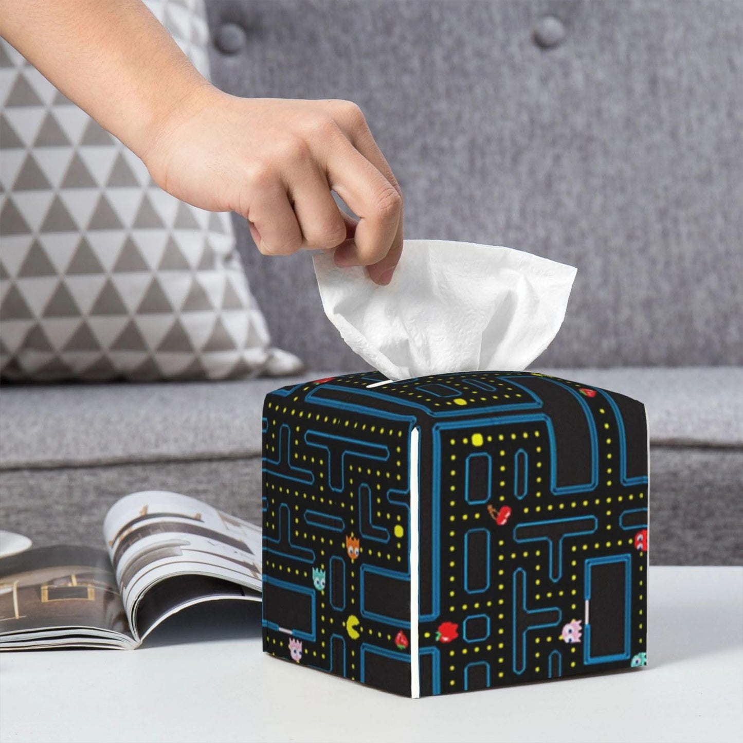 WCMYII Tissue Box Cover Retro Video Game Pattern Modern PU Leather Square Tissue Box Holder - Decorative Holder/Organizer for Bathroom Vanity Countertop, Night Stands, Office Desk & Car 5""X5""X5""