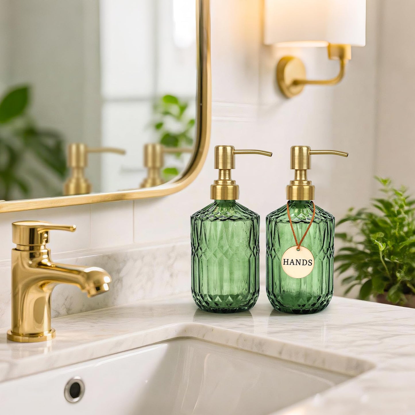 Ritrsvey Green Glass Soap Dispenser (15.4 Oz, 2 Pack), Kitchen Hand and Dish Soap Dispenser Set with Golden Rust Proof Pump, Vintage Bathroom Hand Soap Lotion Dispensers