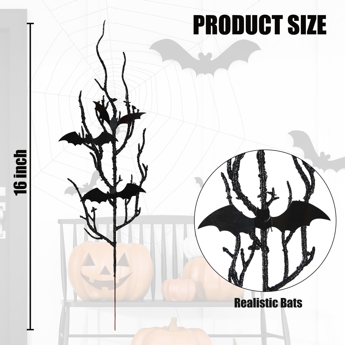 Sggvecsy 15 Pcs Artificial Halloween Glitter Stem with Black Bats Faux Picks Curly Willow Branches Decorative Glitter Sticks Twigs for Halloween DIY Crafts Festival Home Decoration