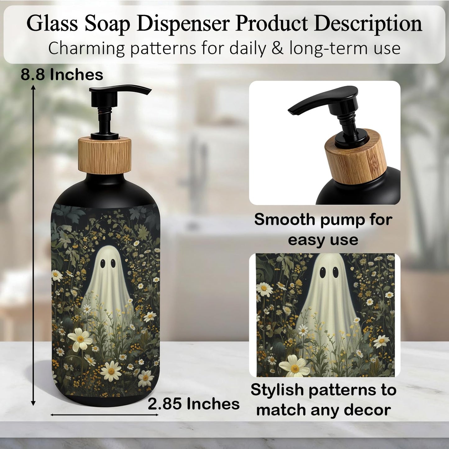 OuOvOwO Halloween Ghost Floral Black Glass Soap Dispenser