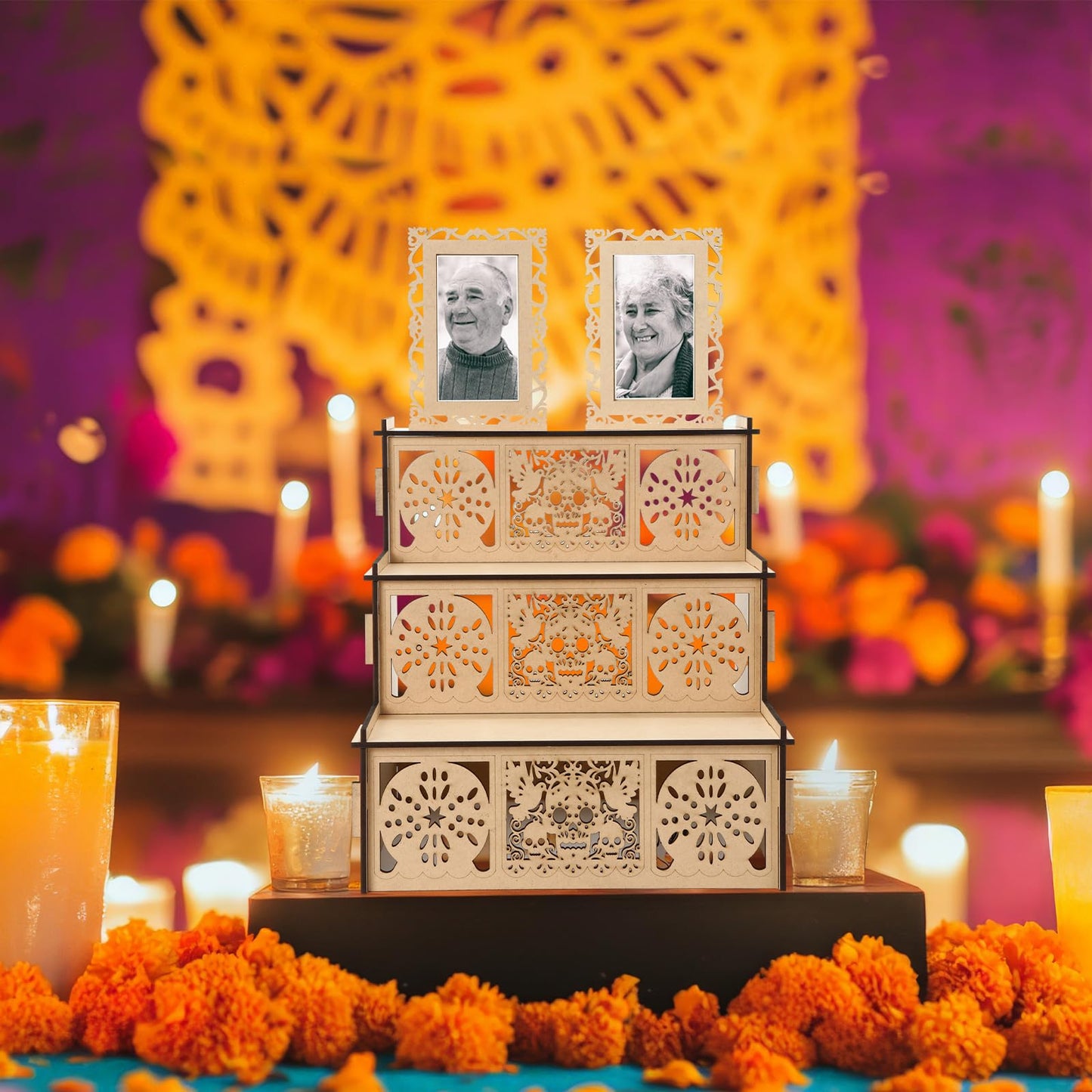 MotiMind Dia De Los Muertos 2 Photo Frame Three Layer Altar Ofrenda Box, Poplar Plywood Sugar Skulls and Pan de Muerto Papel Picado, Self Painting Shadow Box Frame The Day of The Dead Decor(Elegant)