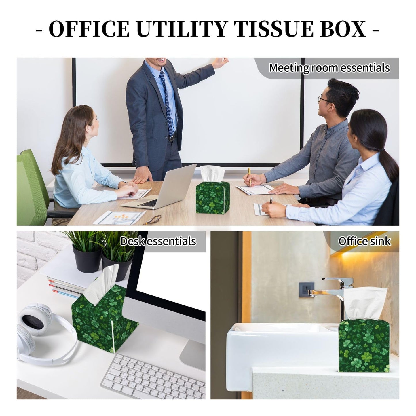 Green Clover Tissue Box Cover Square, Waterproof Leather Tissue Box Holder Portable Dispenser Modern Home Decoration for Bathroom Car Nightstand Vanity