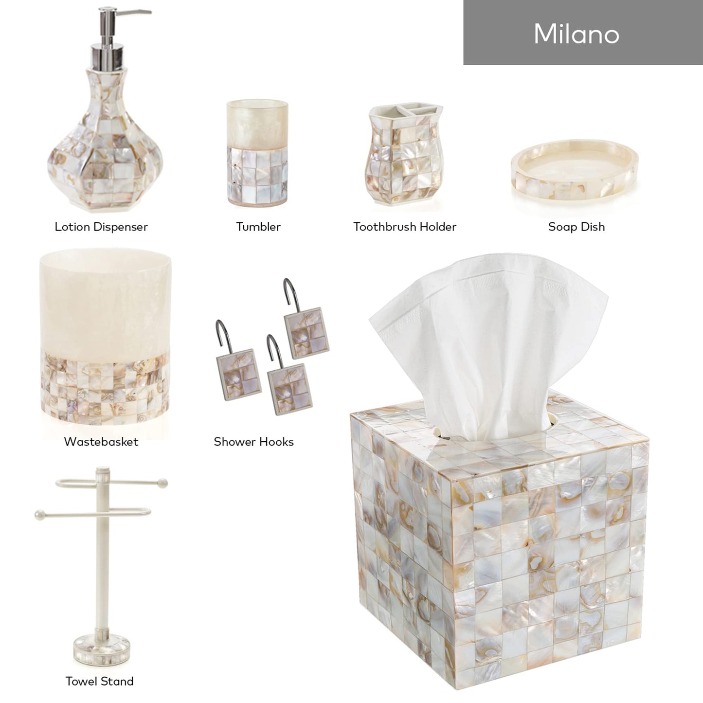 Milano Mother of Pearl Square Resin Tissue Box Cover with Bottom Slider
