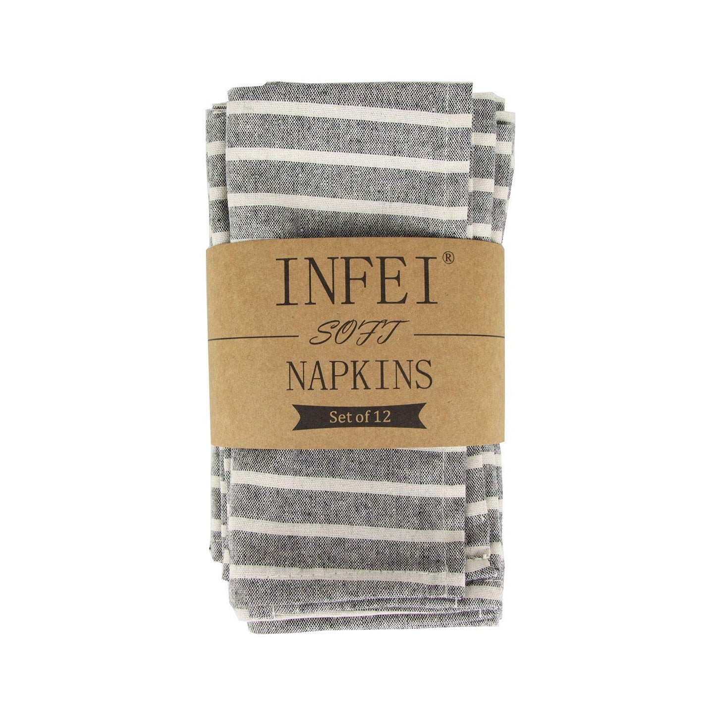 INFEI Broad Striped Cotton Blended Dinner Cloth Napkins - Set of 12 (40 x 30 cm) - for Events & Home Use (Black)