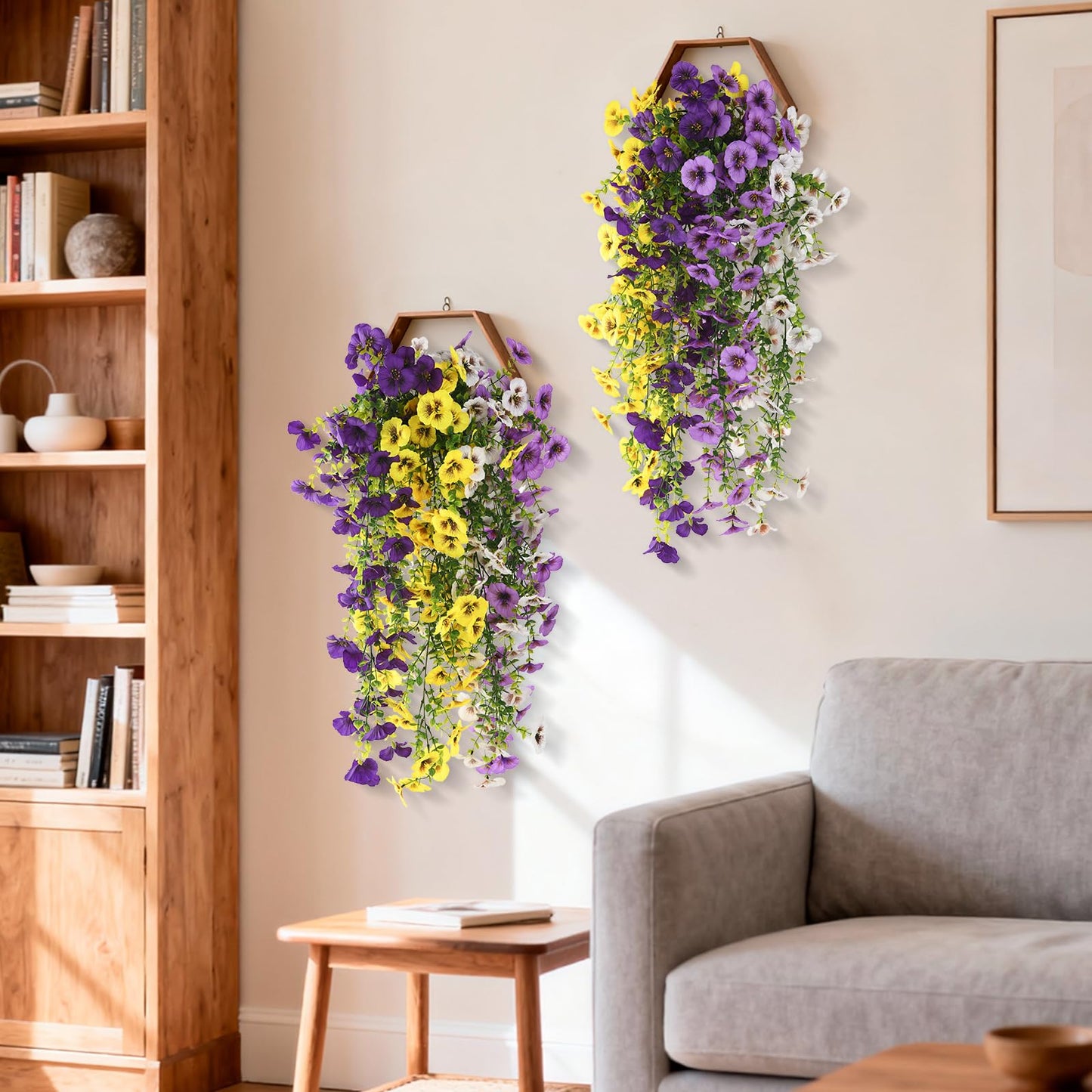 Fake Artificial Flowers for Outdoors, 4 Pcs Faux Hanging Pansy Flowers Spring Summer Decor, UV Resistant Fake Plants Silk Flower for Planter Front Door Porch Patio Yard Garden(Purple Yellow White)