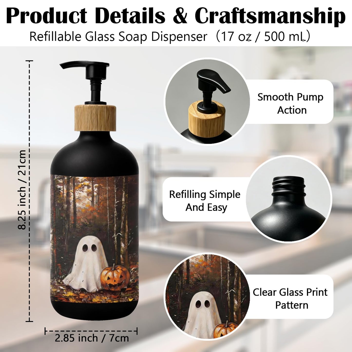 Stelloriellea Forest Ghost Halloween Glass Soap Dispenser with Pump