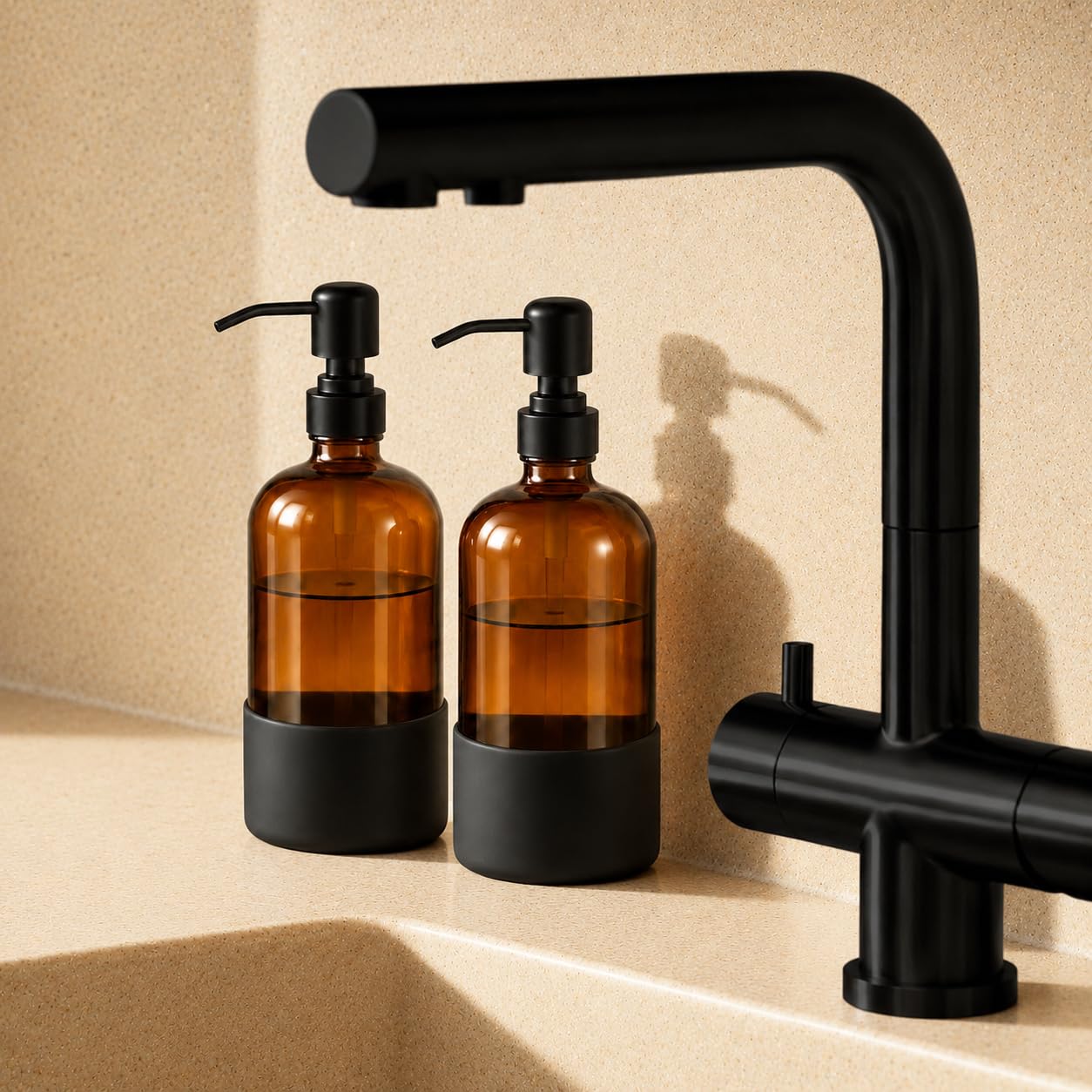Homepicker 16 oz Hand and Dish Soap Dispenser Set for Kitchen and Bathroom, 500ml Amber Glass Soap Dispenser with Stainless Steel Pump, Non-Slip Silicone Sleeves, Labels - 2 Pack