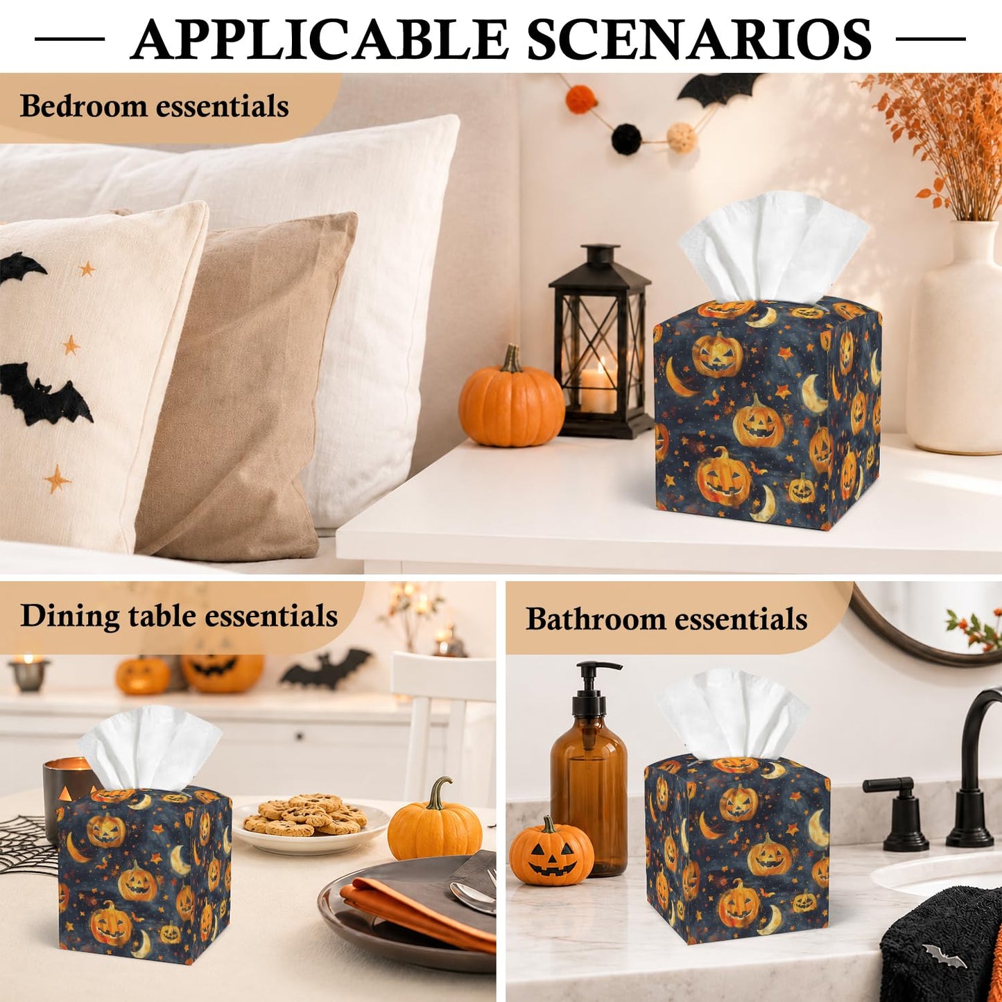 Halloween Pumpkin Tissue Box Covers Square, Leather Tissue Box Cover Decorative for Home Office Bathroom, Spooky Pumpkin Square Facial Paper Organizer Halloween Home Decor - 044