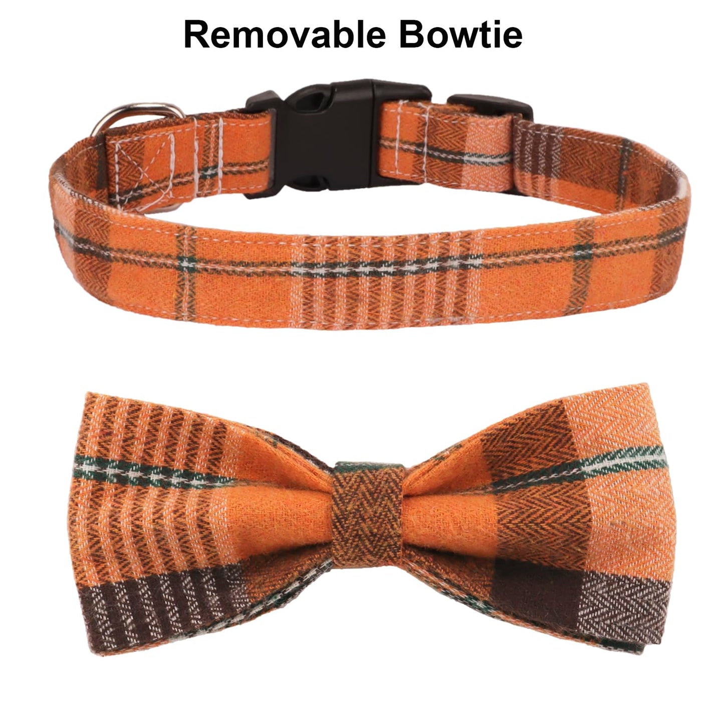PTDECOR Fall Dog Collar with Bow, Halloween Thanksgiving Bowtie Collar, Adjustable Cotton Yellow Orange Plaid Bowtie Collars for Medium Dogs Pets (Medium)