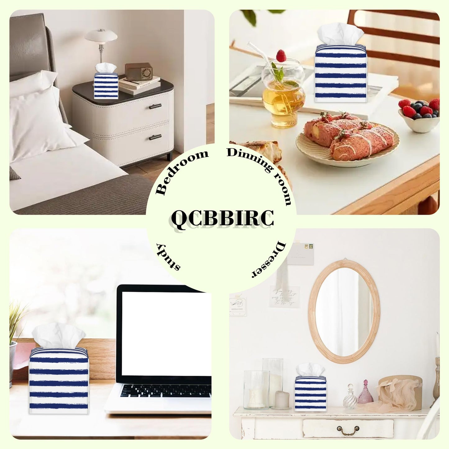 Navy Blue Stripes Tissue Box Cover,Color Horizontal Striped Waterproof Leather Square Tissue Box Cover Case Facial Paper Organizer Dispenser Box Holder for Home Office Bathroom Vanity Countertop