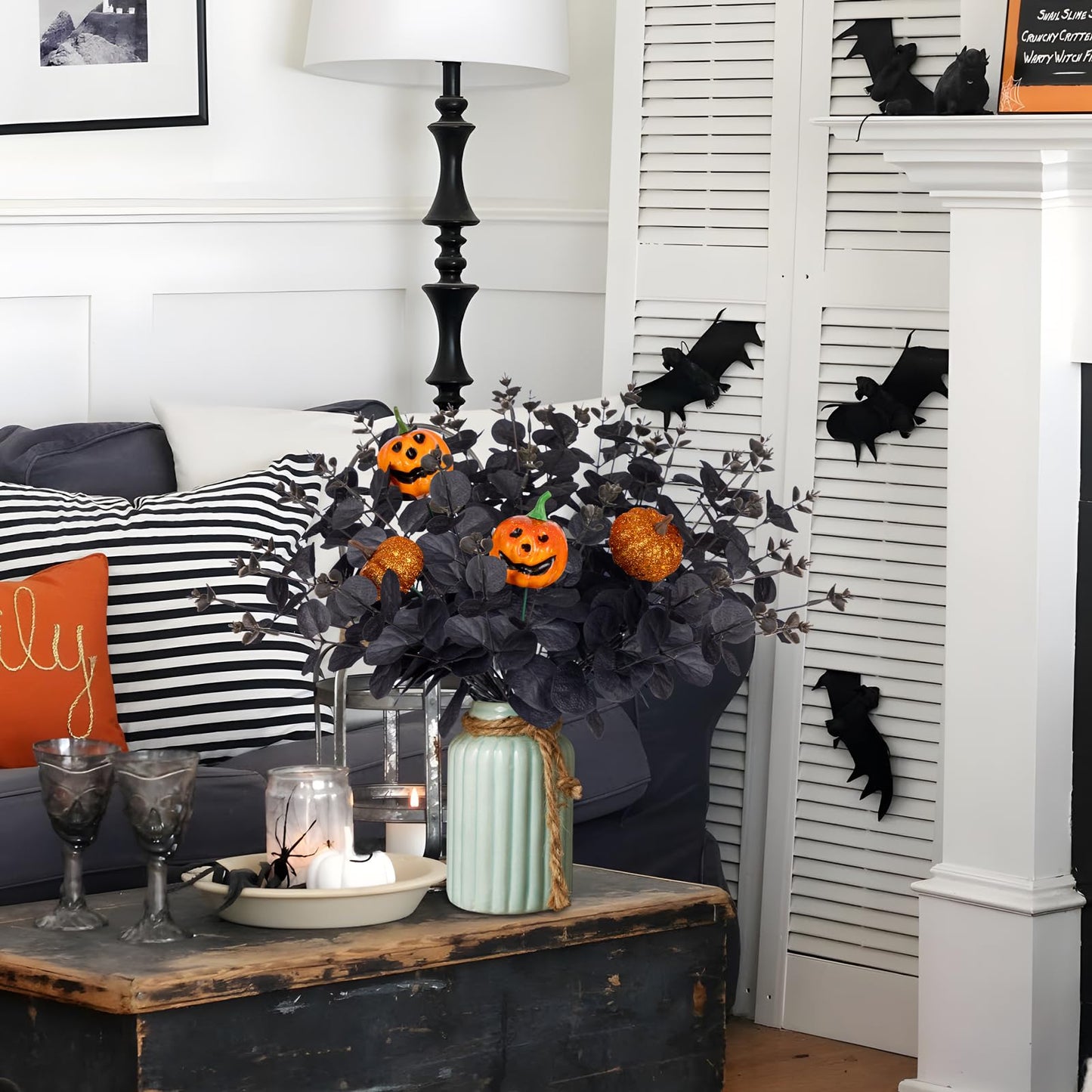 Yen Jean 12PCS Black Halloween Pumpkin Decorations Indoor Artificial Fake Flowers: Eucalyptus Branches Stems Table Centerpieces Decor