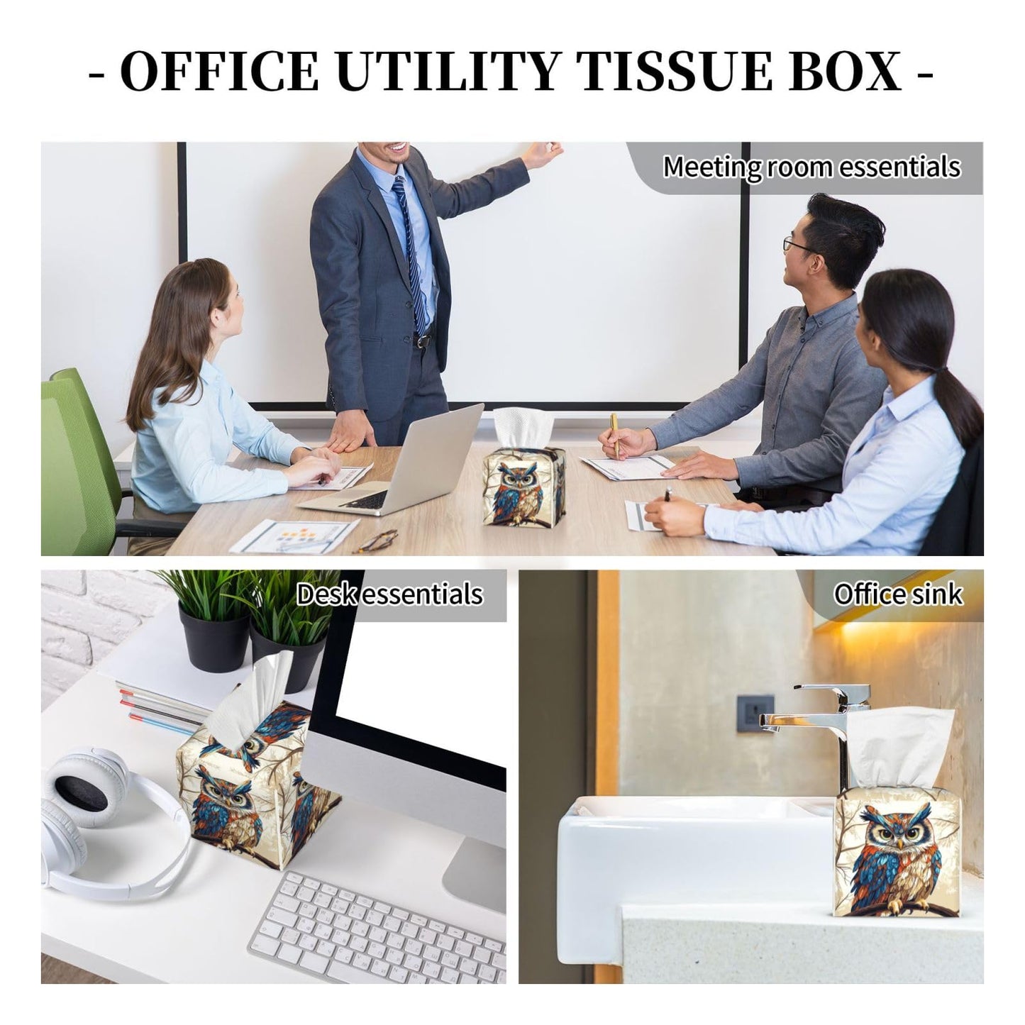 Cute Owl Tissue Box Cover Square, Waterproof Leather Tissue Box Holder Portable Dispenser Modern Home Decoration for Bathroom Car Nightstand Vanity