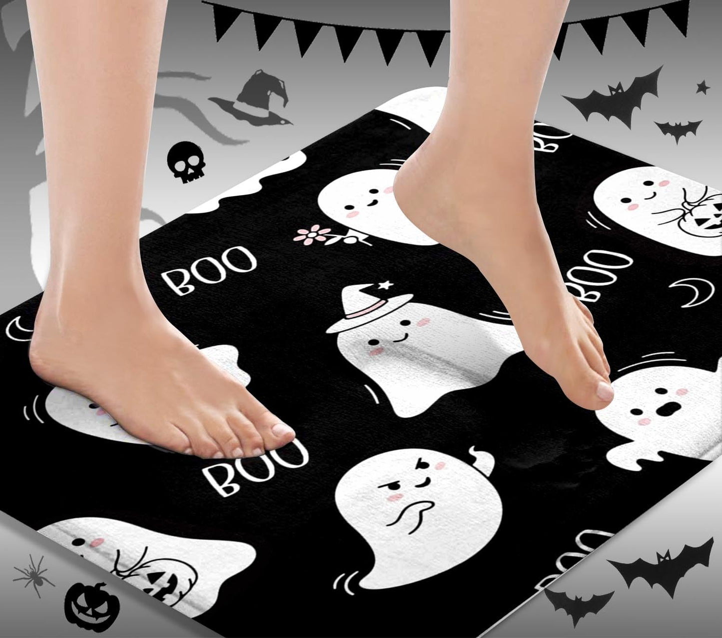 Britimes Halloween Cute Ghost Bathroom Rug Set of 3, 3 Pieces Bath Mats Set, Black Funny Horror No Silp Washable Cover Floor Rug Decorations for Kitchen Bathroom Bedroom