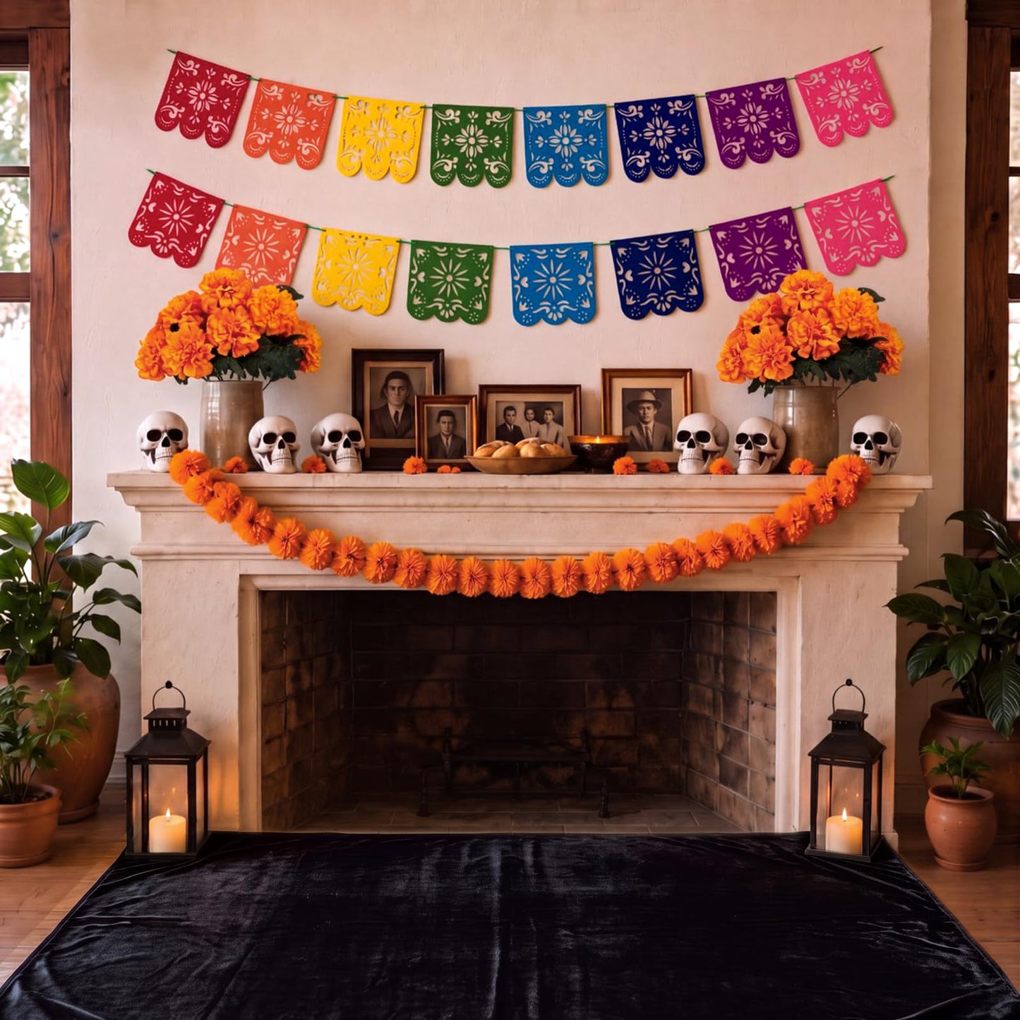 Geelin 12pcs Día De Los Muertos Decorations Kit Day of the Dead Altar Decor Set with Black Flannel Backdrop Papel Picado Banner Marigold Flowers Skull Decor for Halloween Mexican Home