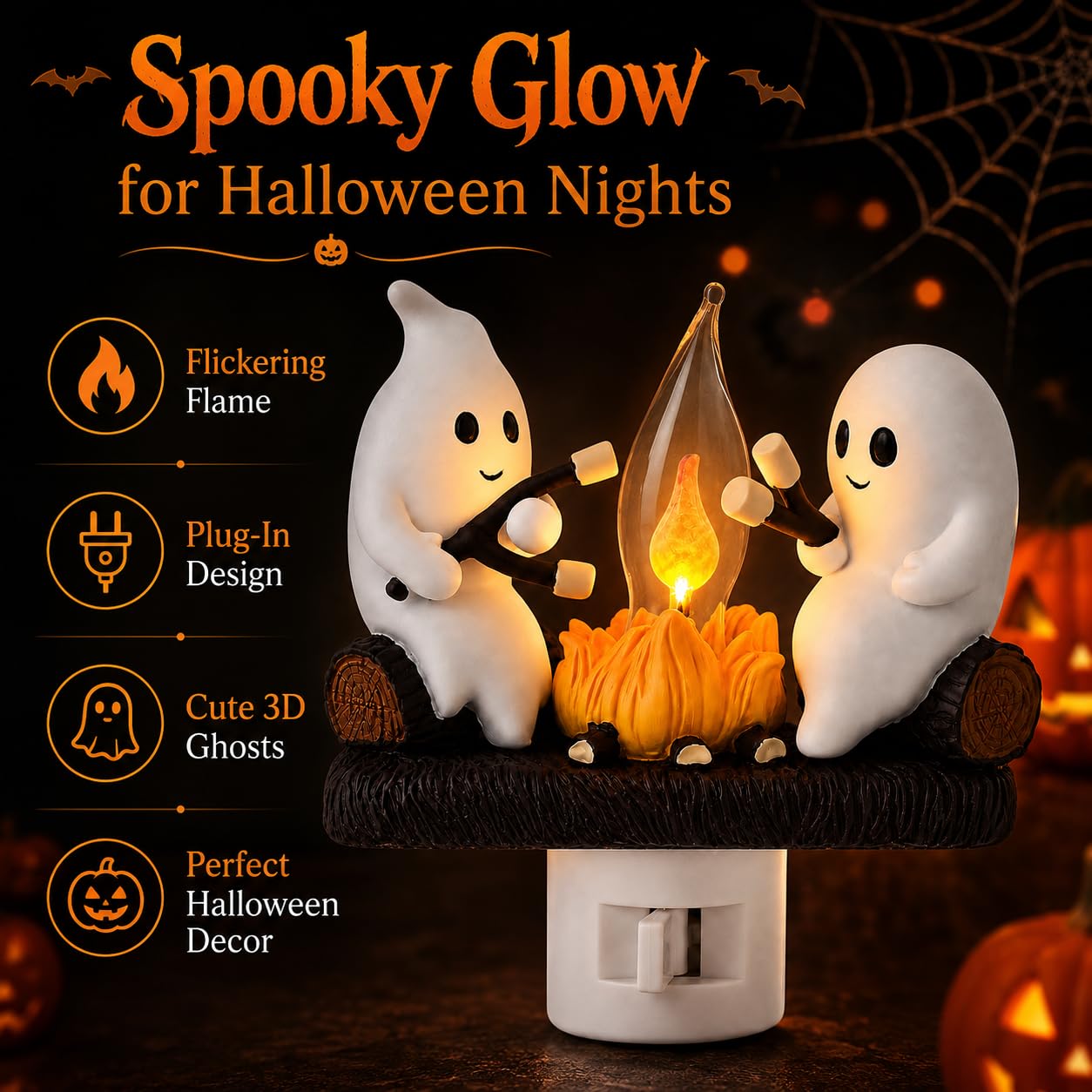 MXXT Ghost Campfire Night Light, Plug-in Wall Flickering Flame Nightlight, Halloween 3D Cute Spooky Marshmallow Ghost Decoration for Bedroom, Spooky Season Home Halloween Decor for Kids Adults