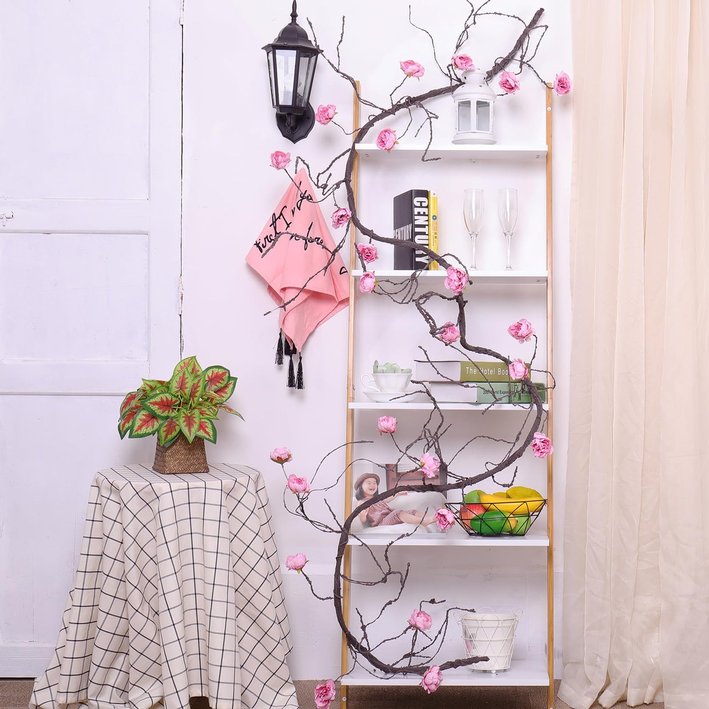 1PCS 300cm/118inch Large Flexible Artificial Tree Fall Vines Twine Wood Branches with Peony Flowers Garland Twig Reptile Climbing Fake Plants for Wedding Arch Christmas Wall Door Hanging Decoration