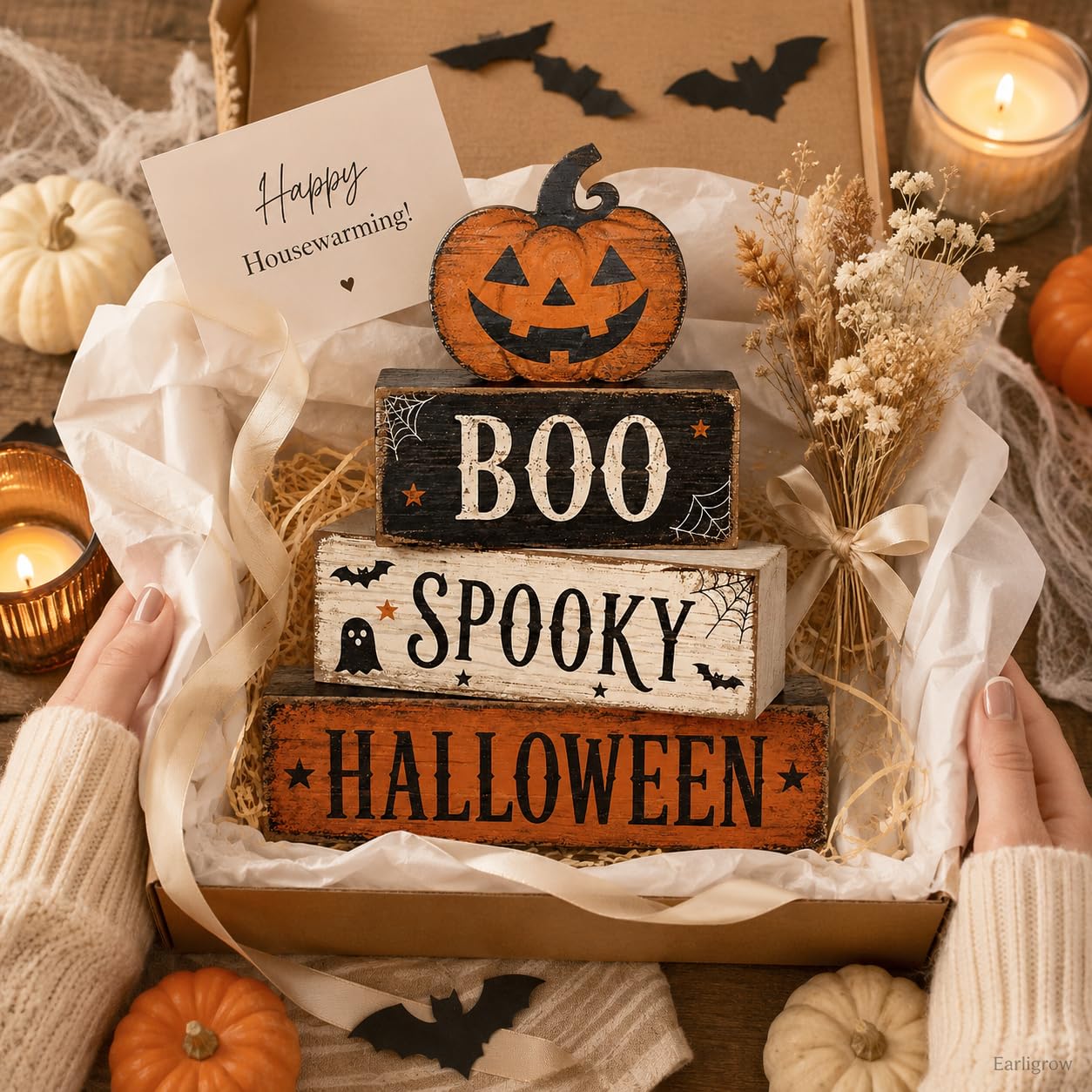 4 Pcs Halloween Table Decorations, Spooky Boo Tiered Tray Decor, Wooden Block Signs with Jack-O-Lantern, Farmhouse Rustic Tabletop Centerpiece for Home Shelf Kitchen Coffee Bar