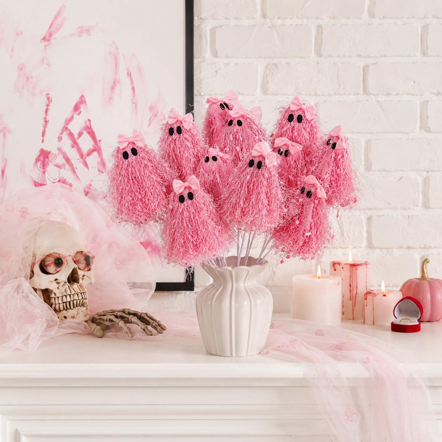 Suncalla 12 Pcs 12 Inch Halloween Spooky Ghosts Stems Glitter Ghost Picks with Tassel Gothic Halloween Tree Picks Floral Decor for Vase Floral Arrangements Table Centerpieces Decorations(Pink)