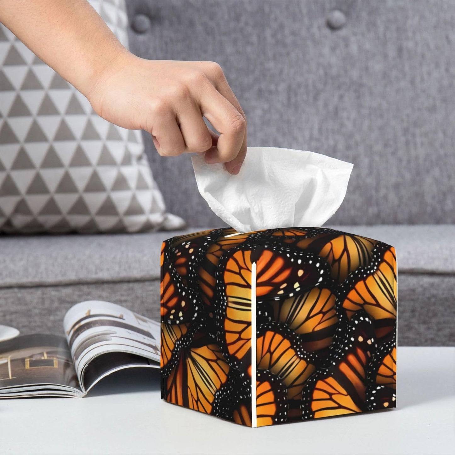 Tissue Box Cover Orange Monarch Butterflies Modern PU Leather Square Tissue Box Holder - Decorative Holder/Organizer for Bathroom Vanity Countertop, Night Stands, Office Desk & Car 5"X5"X5"