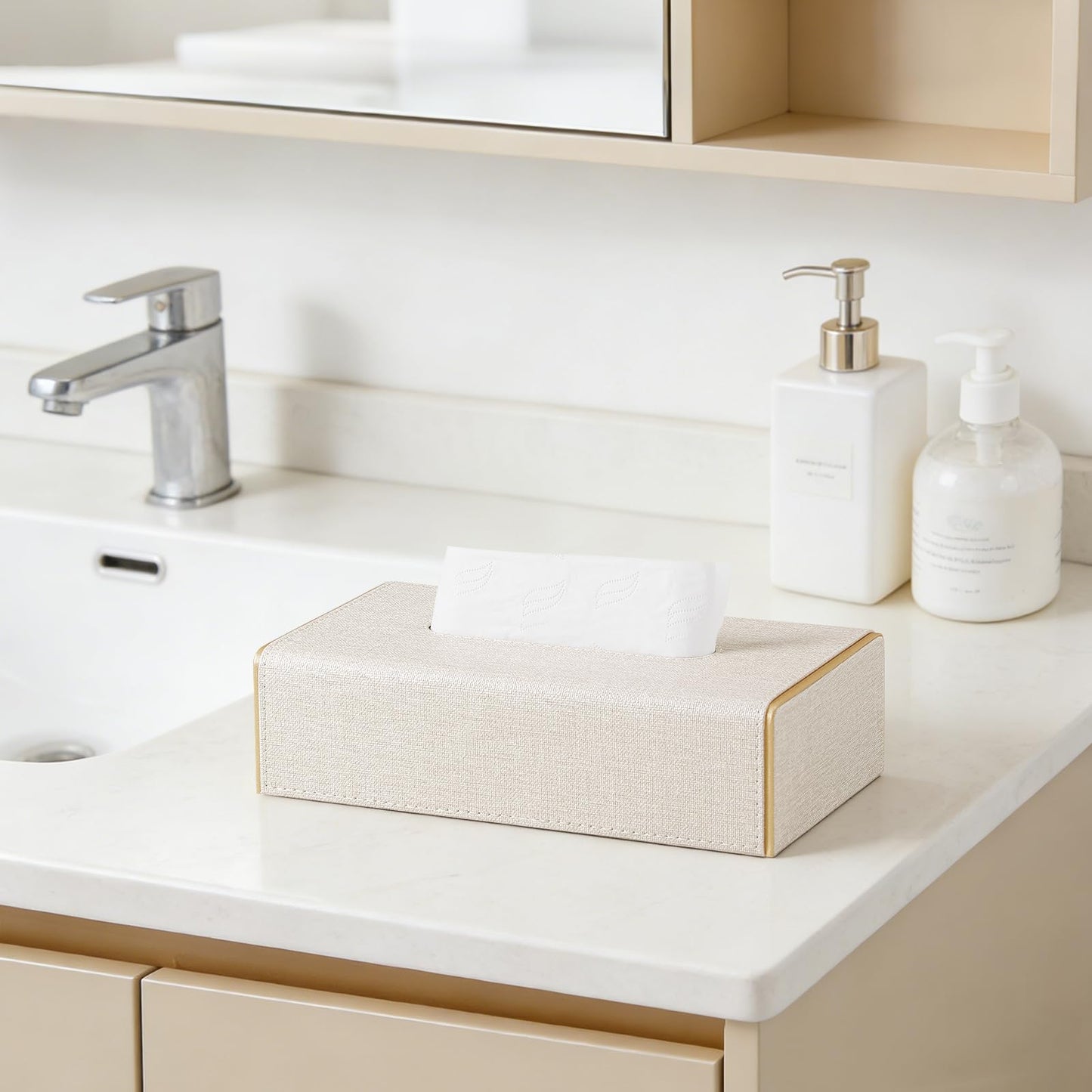 JLAMBOM Linen Tissue Box Cover Rectangle, 4 Sizes PU Leather Tissue Box Cover with Bottom, Decorative Tissue Holder for Bathroom Nightstand Car Office (Low Profile – Fits Tissue Boxes Up to 2.2" Tall)