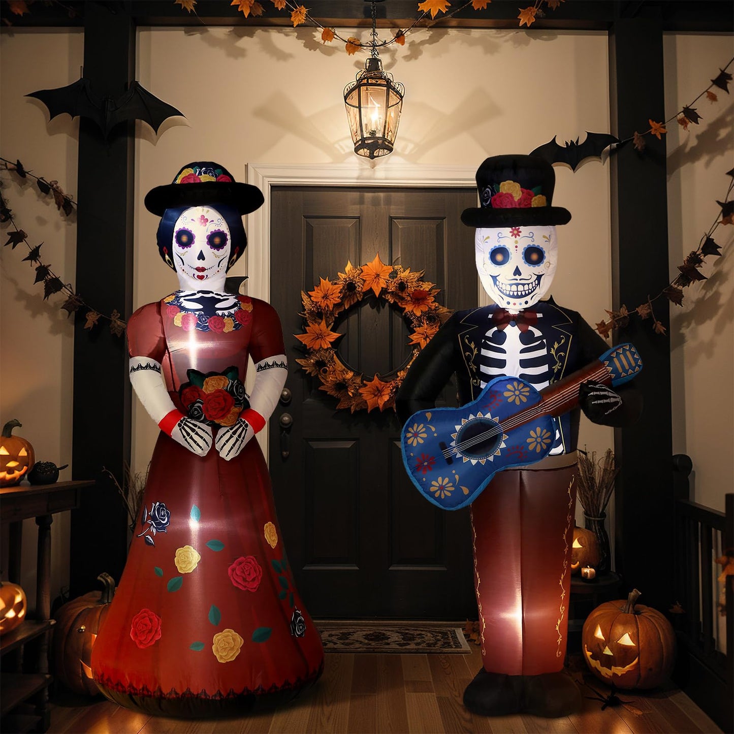 Fourluoo 2 Pcs 4.9 ft Dia De Los Muertos Inflatable Outdoor Decoration Day of The Dead Light up Blow up Sugar Skull Halloween Inflatable Couple Groom and Bride Yard Decoration for Garden Lawn Decor