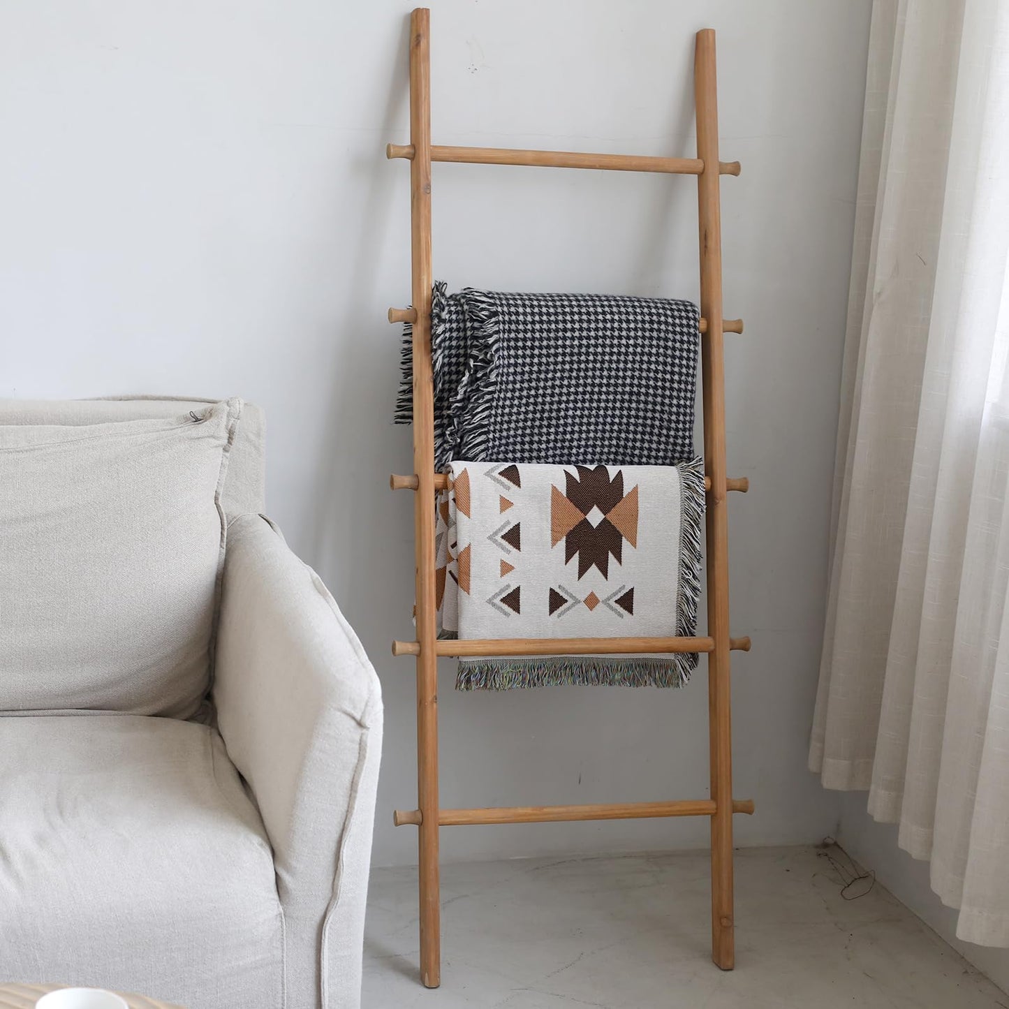 FUIN 57in Wood Blanket Ladder Living Room Decorative Wall Leaning Farmhouse Quilt Display Holder Rustic Wooden Towel Rack for Bathroom, Light Brown