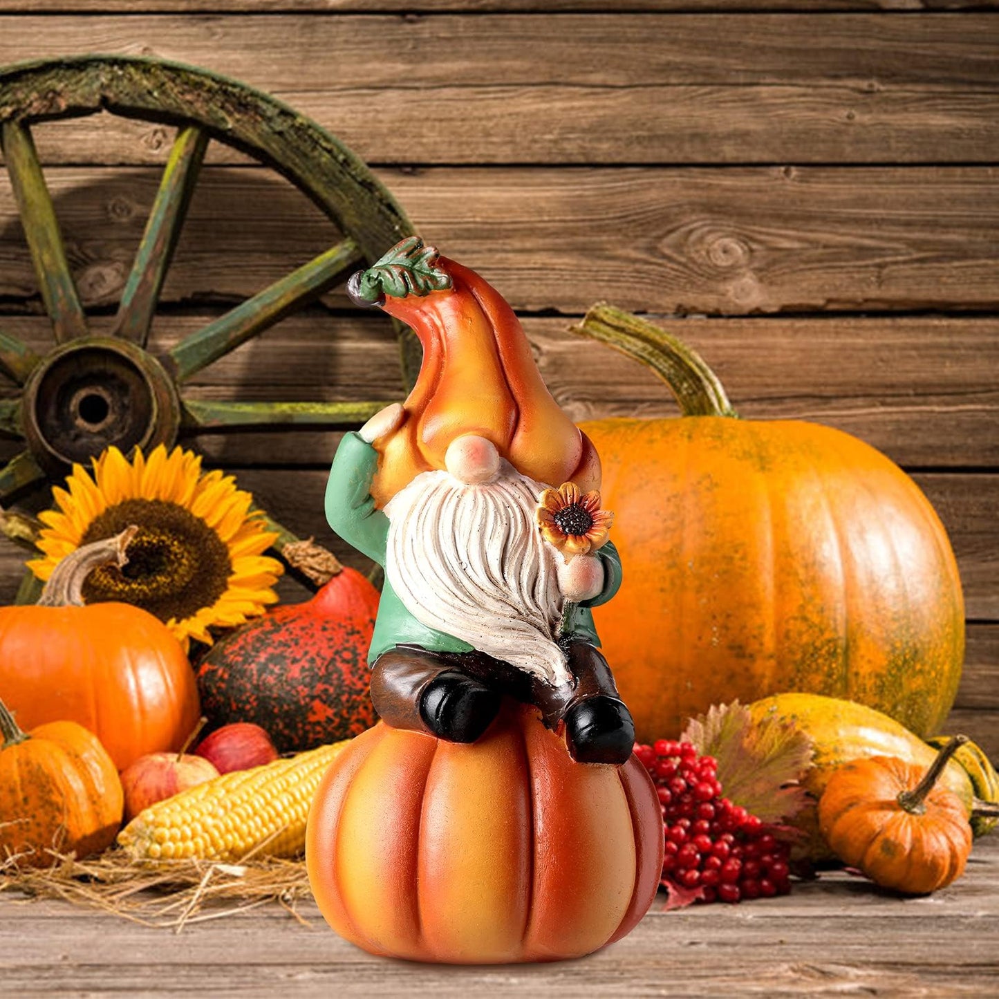 Jetec Fall Thanksgiving Gnome Statue Pumpkin Gnome Decoration White Beard Figurine Autumn Resin Dwarf Elf Statue for Porch Garden Outdoor Yard Fall Thanksgiving Decorations, 6.7 Inch Tall(Cute)