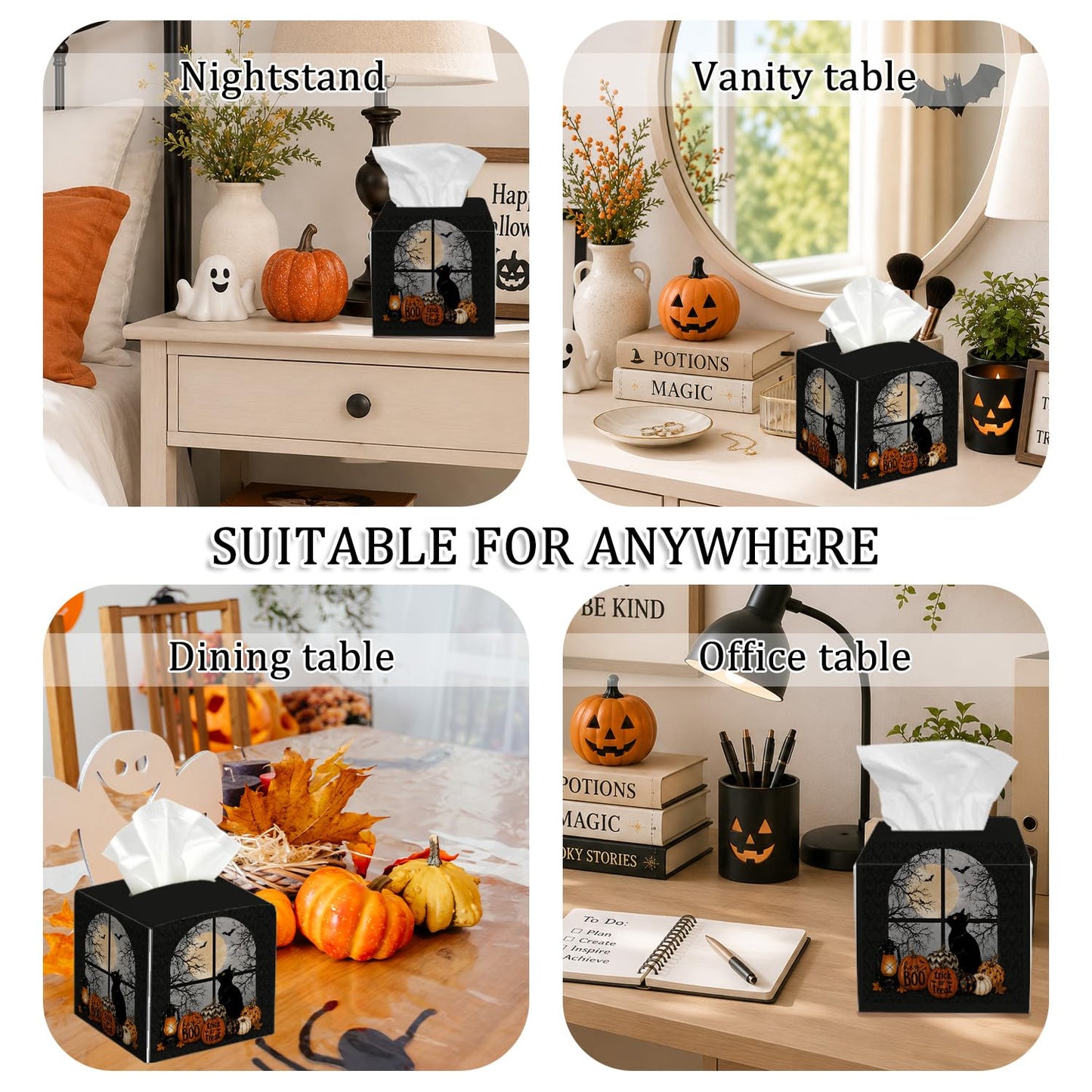 Halloween Black Cat Tissue Box Cover Square, Halloween Desk Decor Cube Tissue Box Holder, Autumn Tabletop Decor Leather Facial Paper Organizer Dispenser for Bathroom Home Night Stand Living Room/27