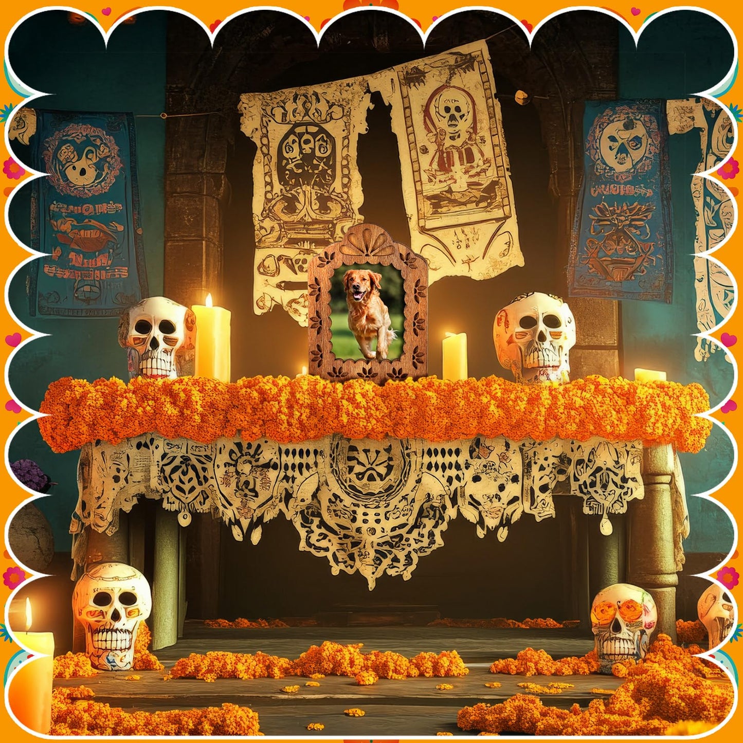 Thyle 60 Pcs Dia De Los Muertos Decorations Picture Frames Kits Day of The Dead Ofrenda Altar with 10 Wooden Photo Frames 30 Artificial Marigold Flower 20 Butterfly for Day of The Dead Decoration