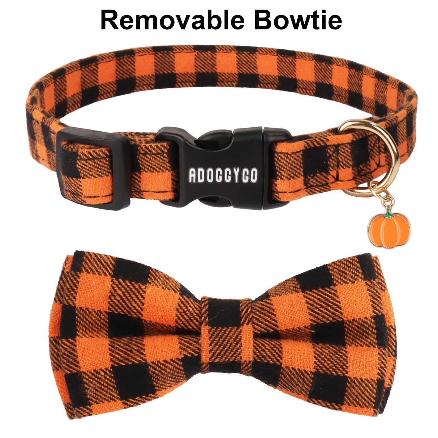 ADOGGYGO 2 Pack Fall Dog Collars with Bow, Halloween Thanksgiving Pumpkin Maple Charm, Orange Plaid Fall Collars for Small Dogs (Small)