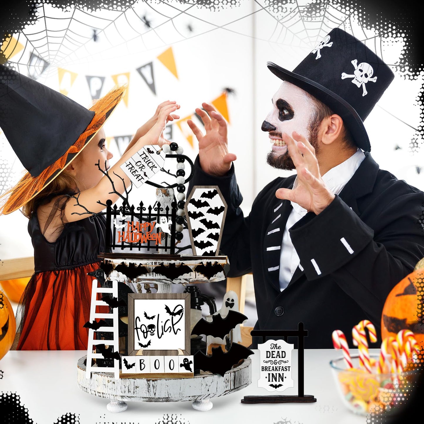 Umigy 15 Pcs Halloween Tiered Tray Decor Set Cute Ghost Tray Decorations Boo Halloween Wooden Signs Farmhouse Rustic Decoration for Home Table Party Supplies(Bat)