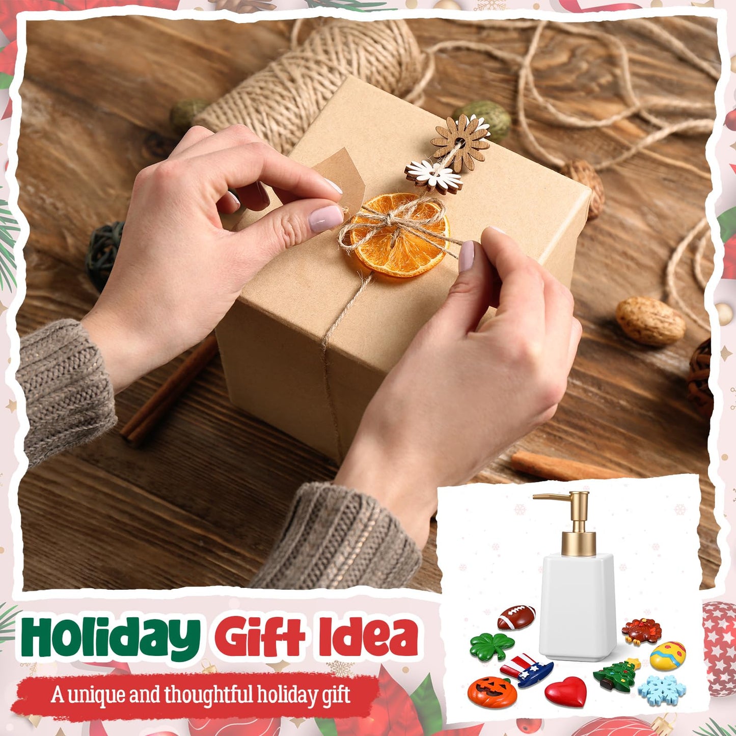 Gejoy Seasonal Soap Dispenser Patriotic 4th of July Magnetic Interchangeable Set - Ceramic Hand Soap Dispenser with 9 Seasonal Resin Ornaments & Magnetic Pads-Festive Bathroom & Kitchen Dec(Gold)