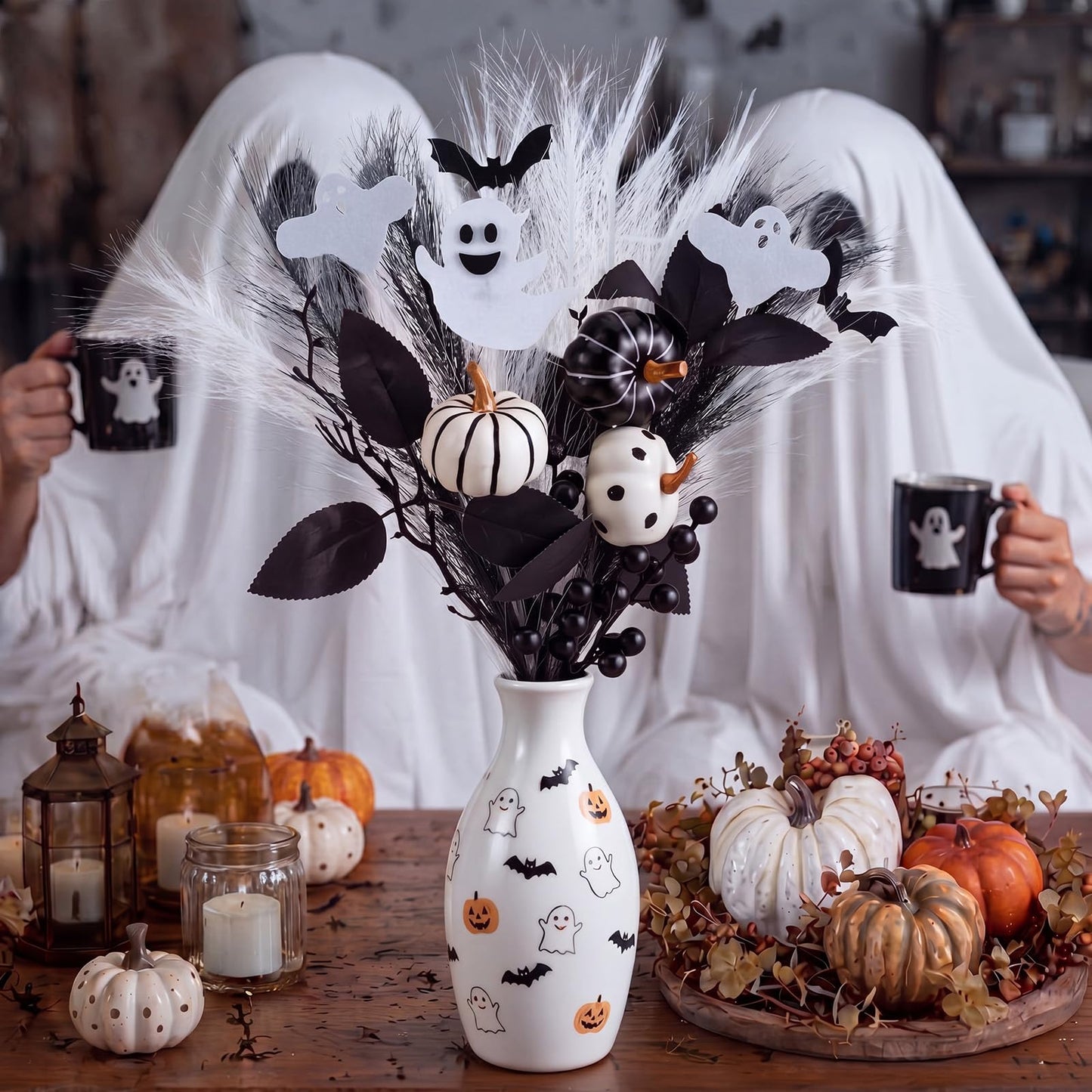 Zeyune Black Artificial Flowers 17'' Halloween Floral Picks with Cute Ghost Pumpkin Halloween Vase Filler Gothic Flower Bouquet Black Branches Centerpiece for Bedroom Living Room Witchy Home Decor