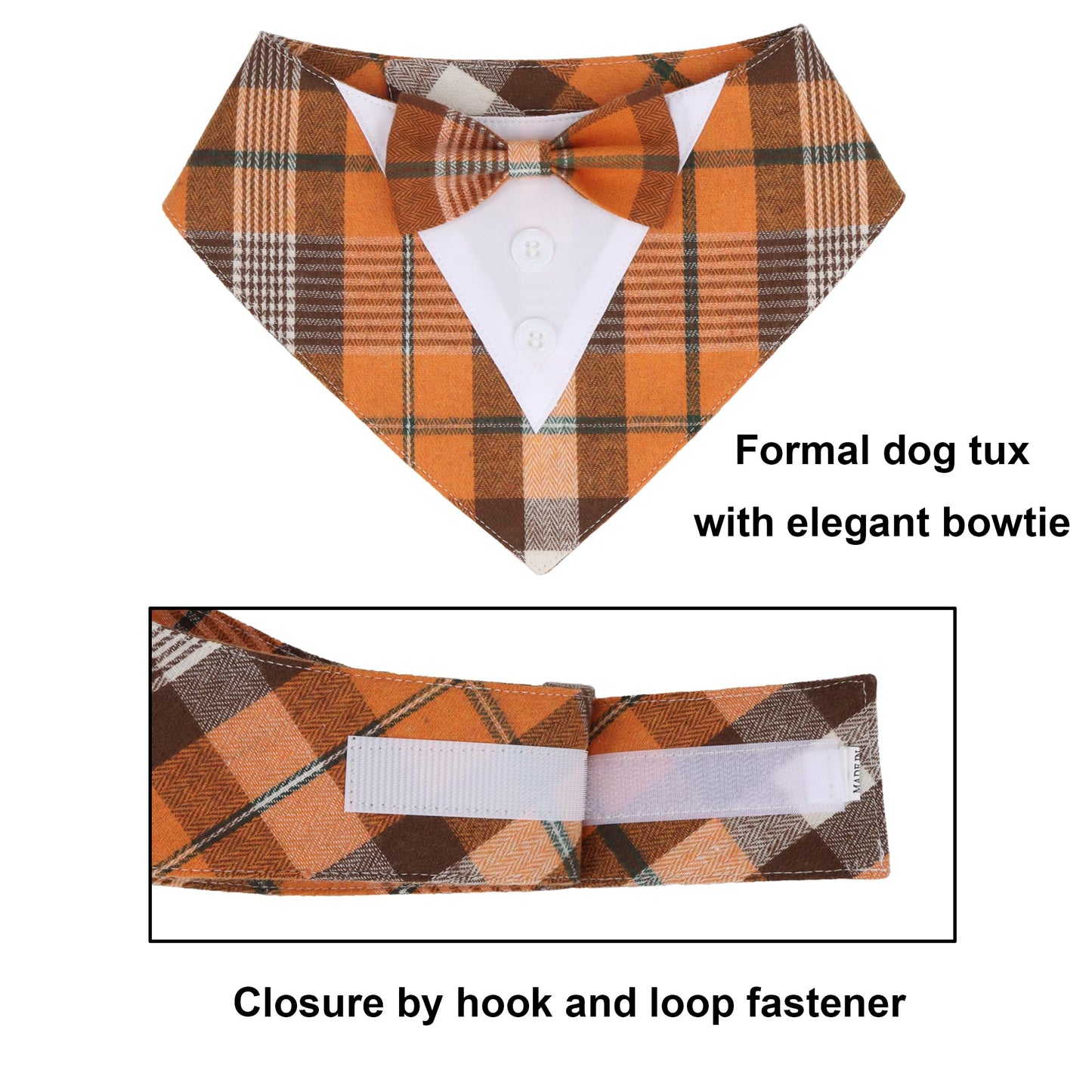 ADOGGYGO Fall Dog Tuxedo Bandana, Orange Plaid Pet Tux Collar with Bowtie, Adjustable Halloween Thanksgiving Formal Costume for Medium Large Dogs Pets (L)