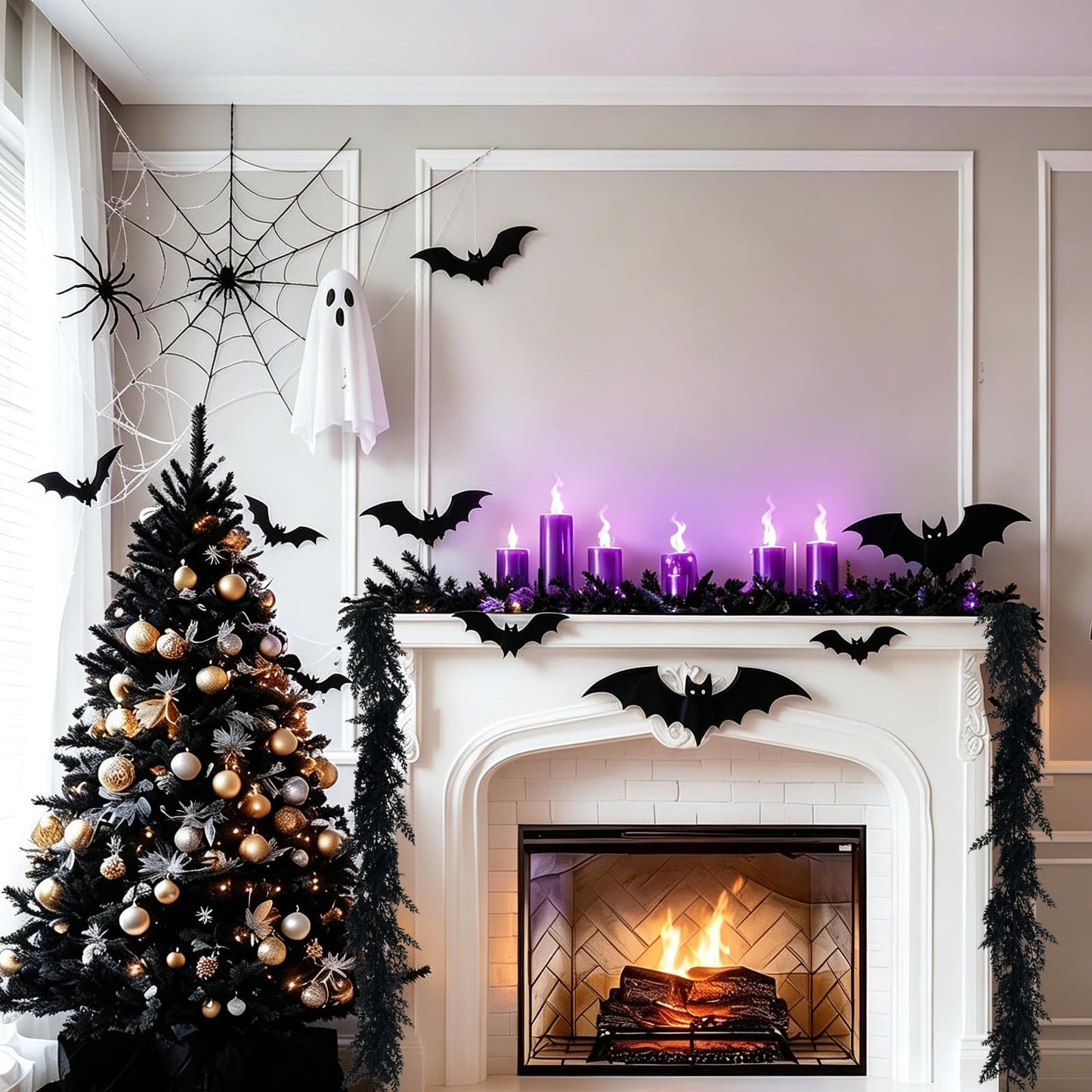 Xyalrax 9 FT Black Halloween Garland,Spooky Halloween Cedar Pine Garland Decoration with LED Light Faux Realistic Artificial Black Hanging Vine Twigs for Mantle Party (Black Halloween Garland)
