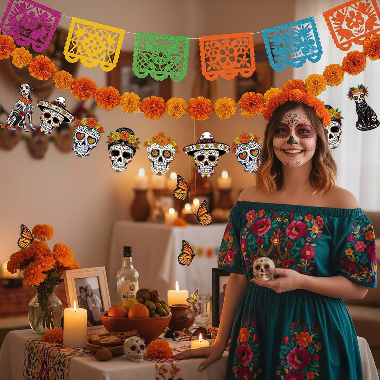 Day of The Dead Calavera & Papel Picado Banners Dia De Los Muertos Day of The Dead Party Decor with Monarch Butterfly Artificial Marigold Day of The Dead Flag Butterfly Decoration