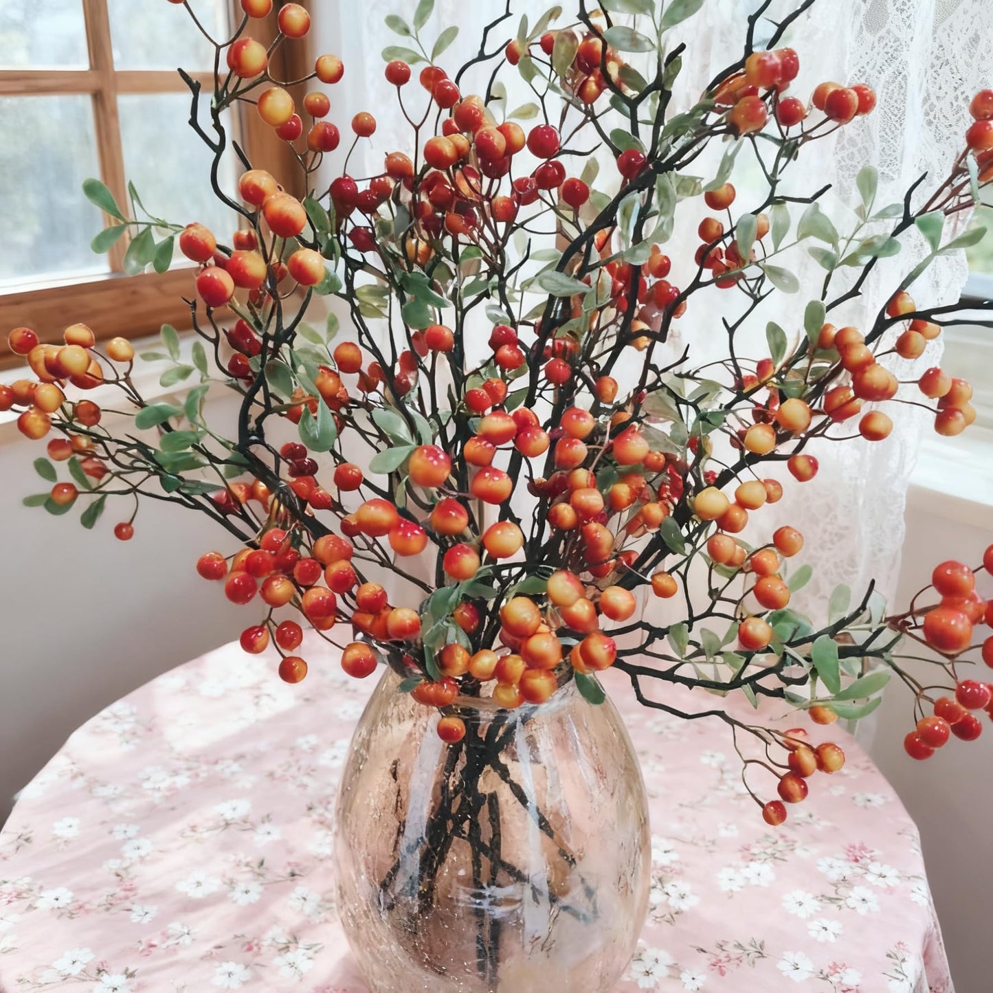 gsjzyBrose 2-Pack 27.5 Inch Red Berry Stems,Artificial Red Branches, Bendable Faux Branches with Berry Stems for Home Decor, Weddings, Parties(Orange-red)